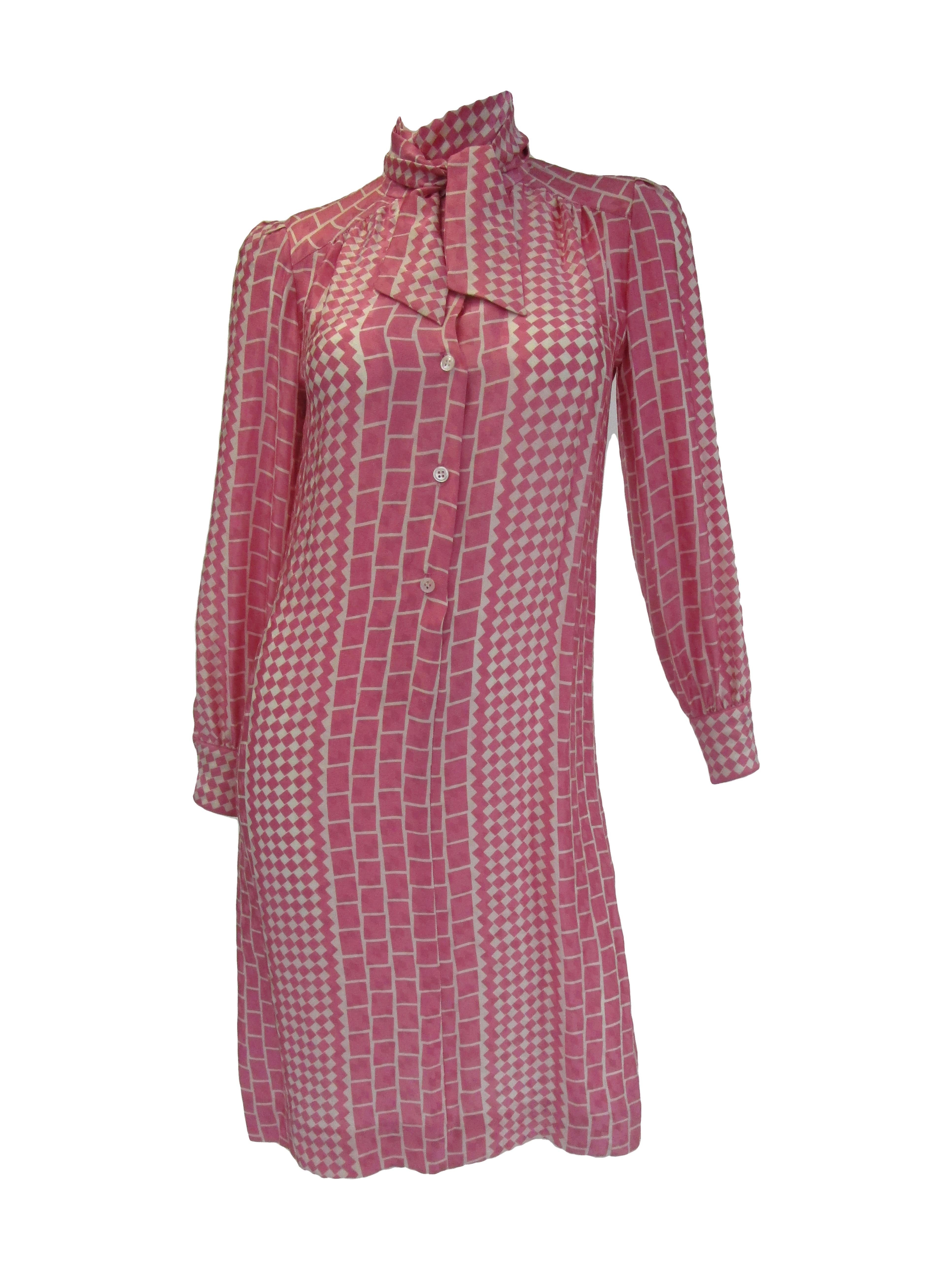 1970s Adolfo Pink and Cream Silk Spring Shift Dress  For Sale 1