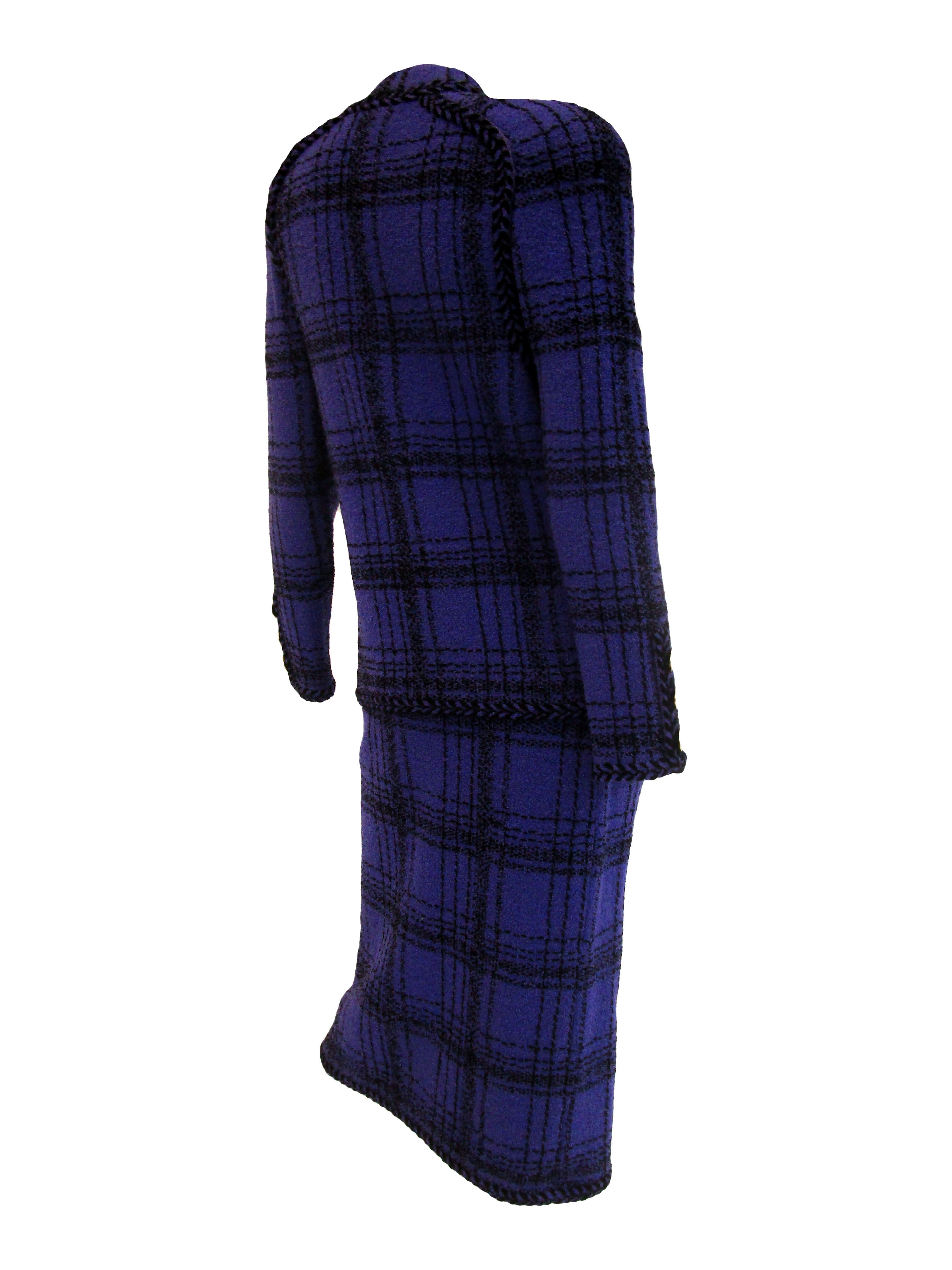 1970s Adolfo Purple and Black Wool Knit Plaid Skirt Suit  In Excellent Condition For Sale In Houston, TX