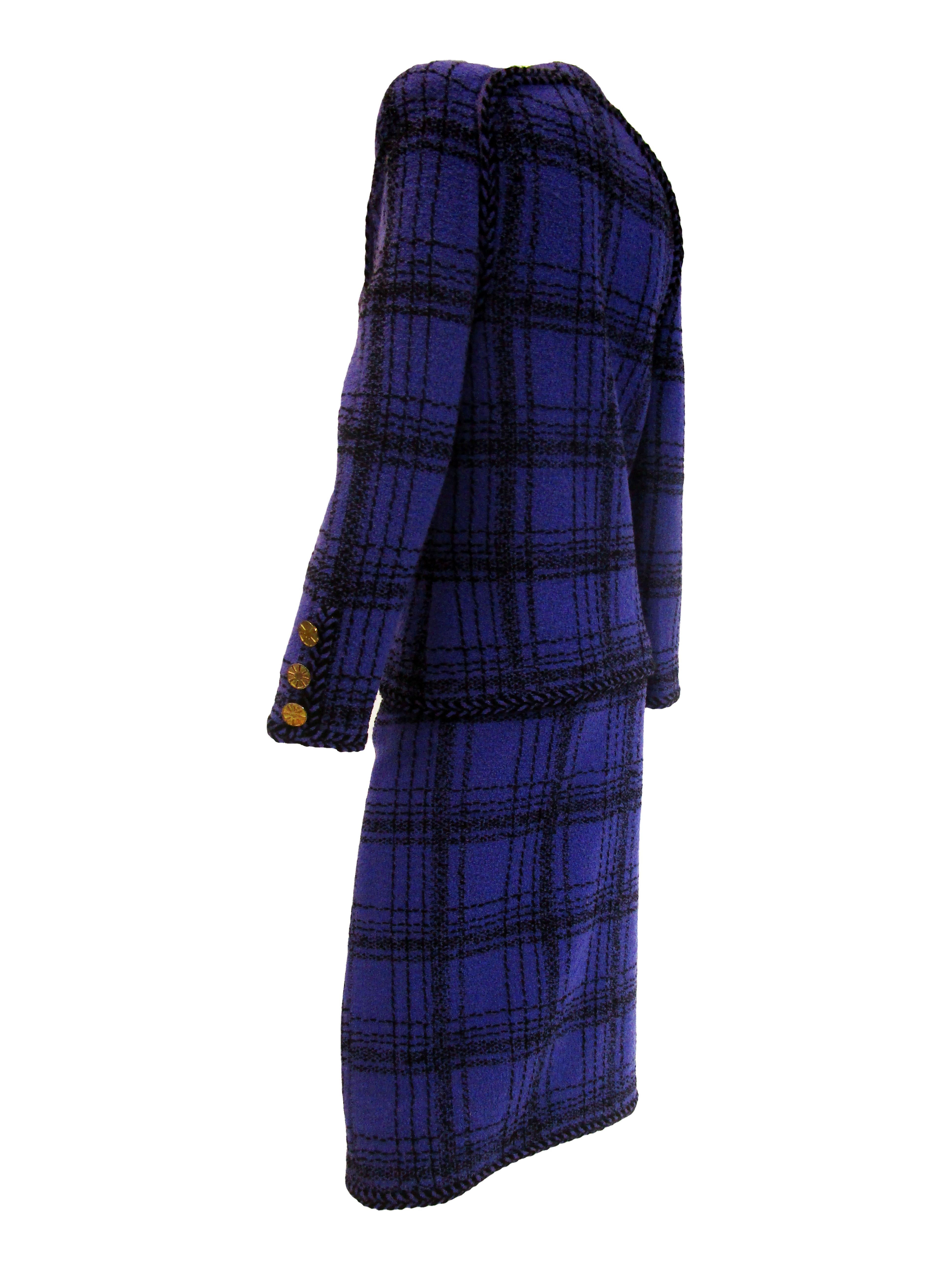 Women's 1970s Adolfo Purple and Black Wool Knit Plaid Skirt Suit  For Sale