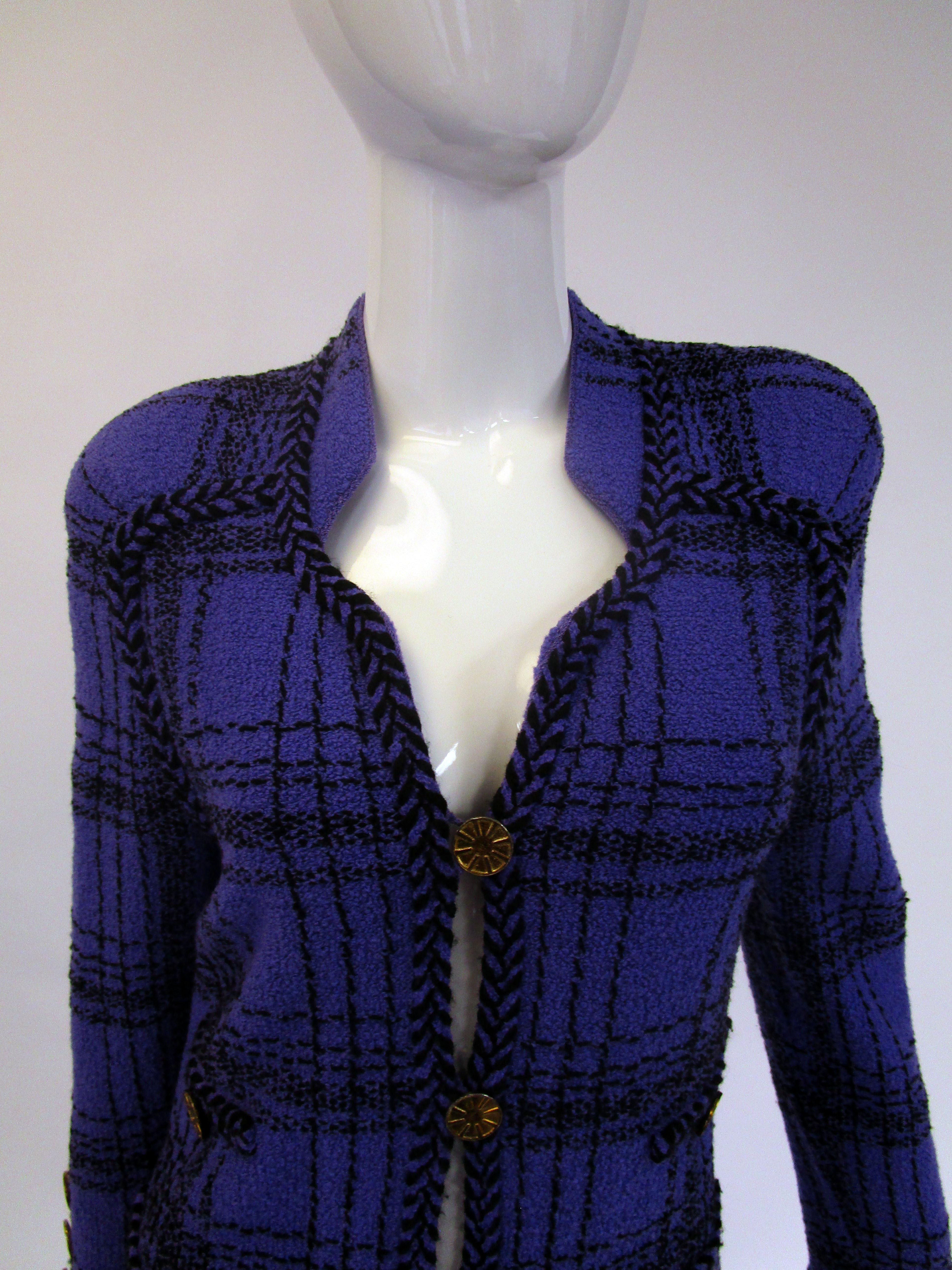 1970s Adolfo Purple and Black Wool Knit Plaid Skirt Suit  For Sale 1