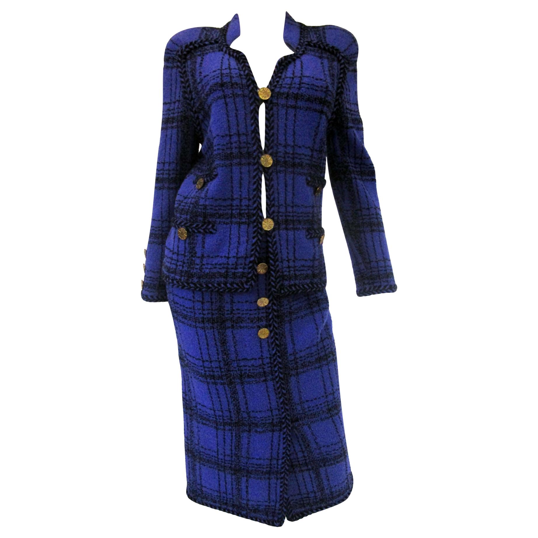 1970s Adolfo Purple and Black Wool Knit Plaid Skirt Suit  For Sale