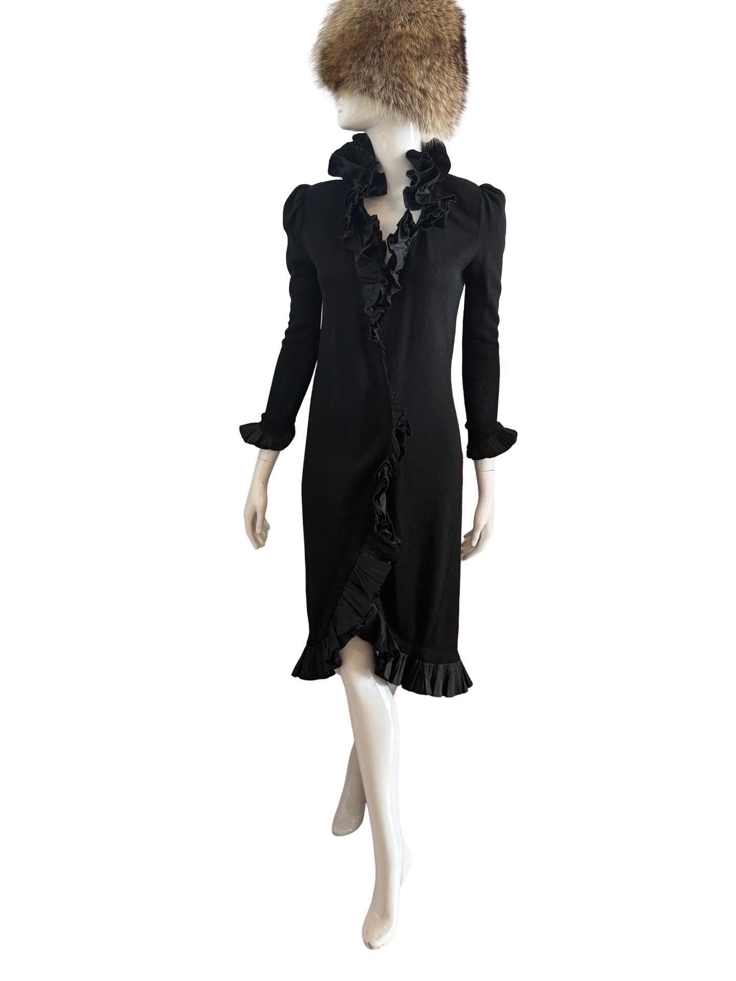 Black 1970s Adolfo Ruffle Knit Long Cardigan Dress