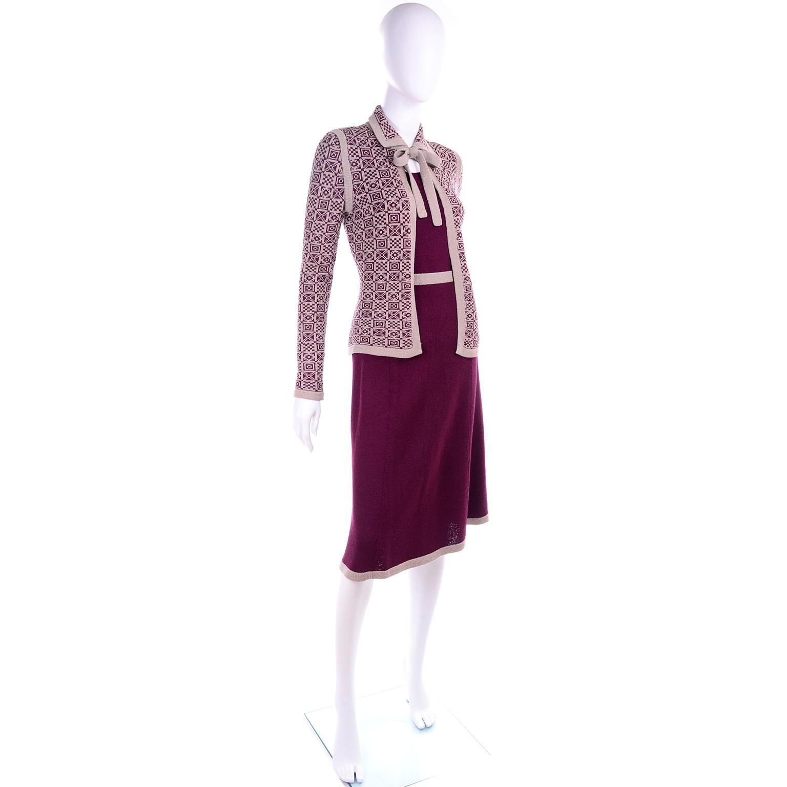 1970s Adolfo Suit 2 pc Skirt & Tank Dress W Bow Cardigan Jacket in Burgundy Knit In Excellent Condition In Portland, OR