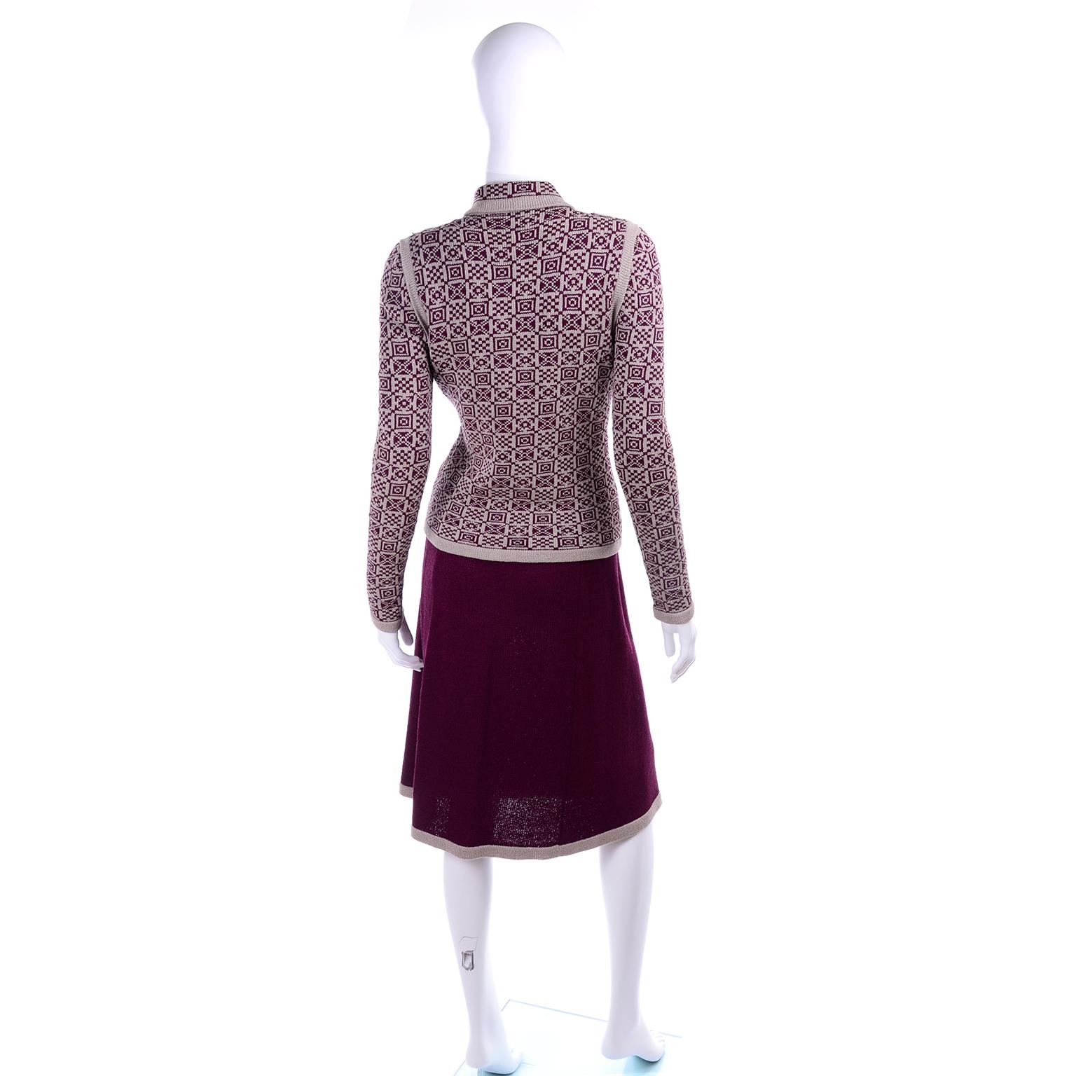 Women's 1970s Adolfo Suit 2 pc Skirt & Tank Dress W Bow Cardigan Jacket in Burgundy Knit