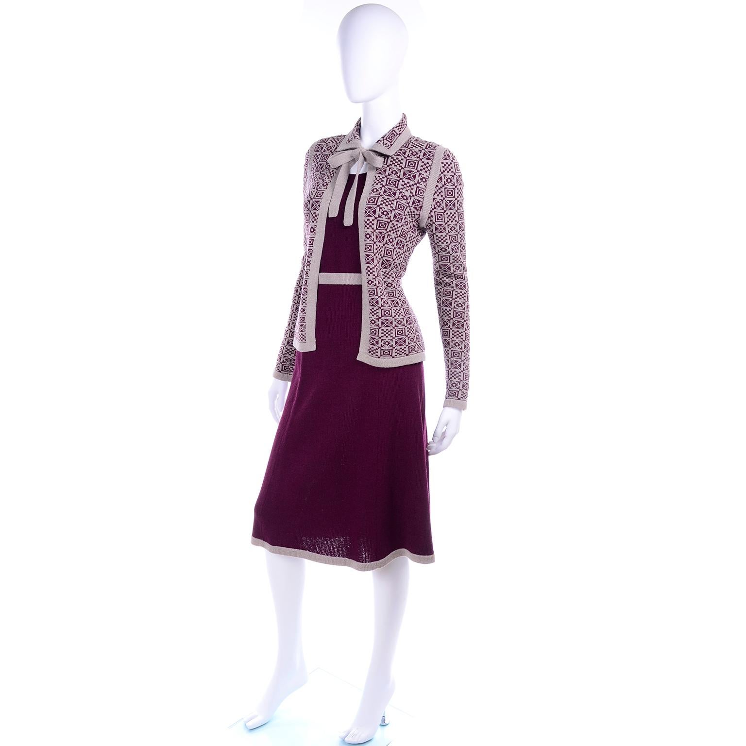 1970s Adolfo Suit 2 pc Skirt & Tank Dress W Bow Cardigan Jacket in Burgundy Knit 1