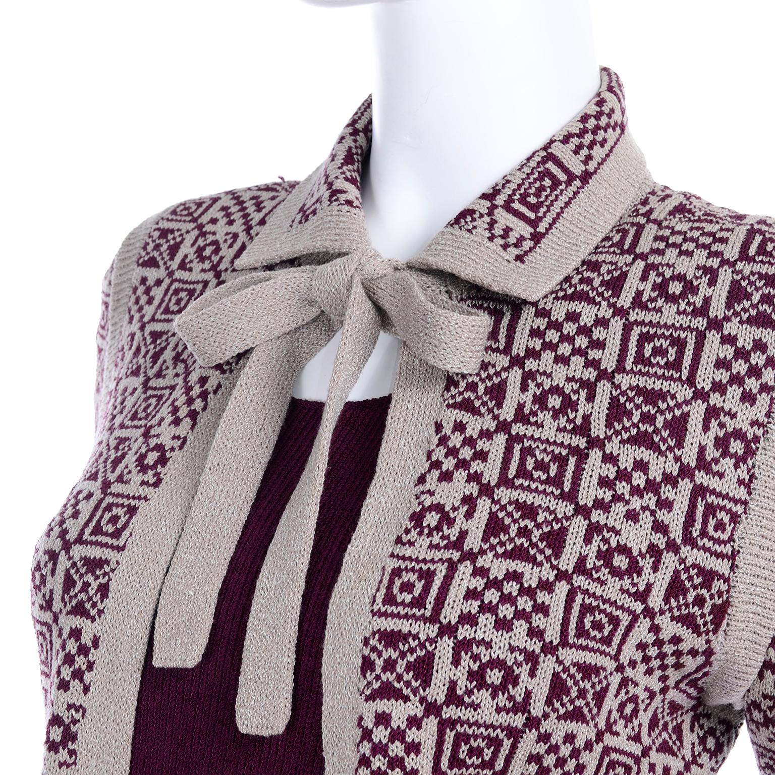 1970s Adolfo Suit 2 pc Skirt & Tank Dress W Bow Cardigan Jacket in Burgundy Knit 3
