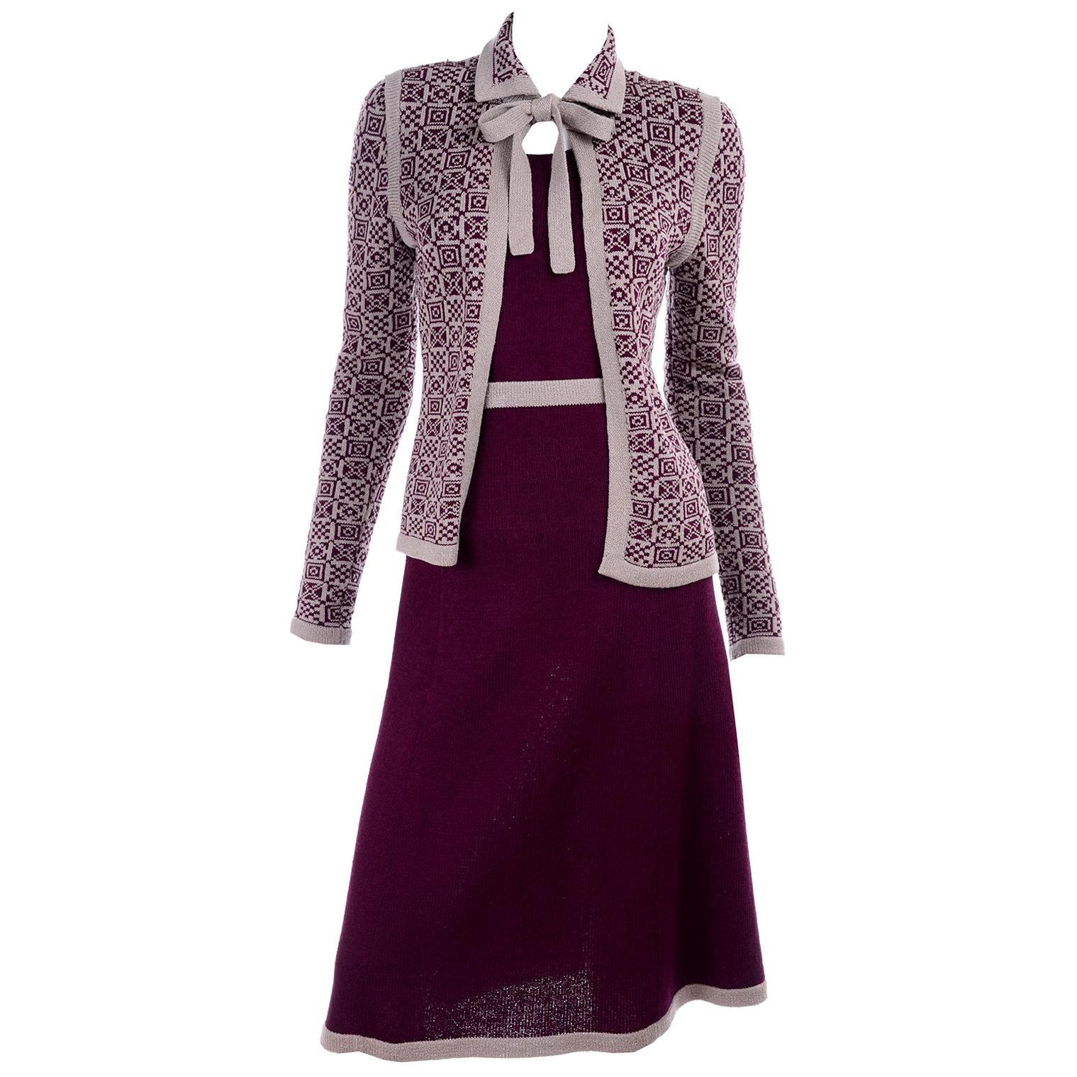 1970s Adolfo Suit 2 pc Skirt & Tank Dress W Bow Cardigan Jacket in Burgundy Knit