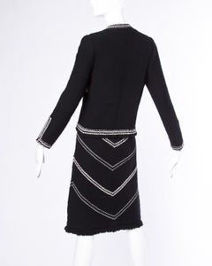1970s Adolfo Vintage Black  White Wool Knit Sweater Jacket + Skirt Suit Ensemble