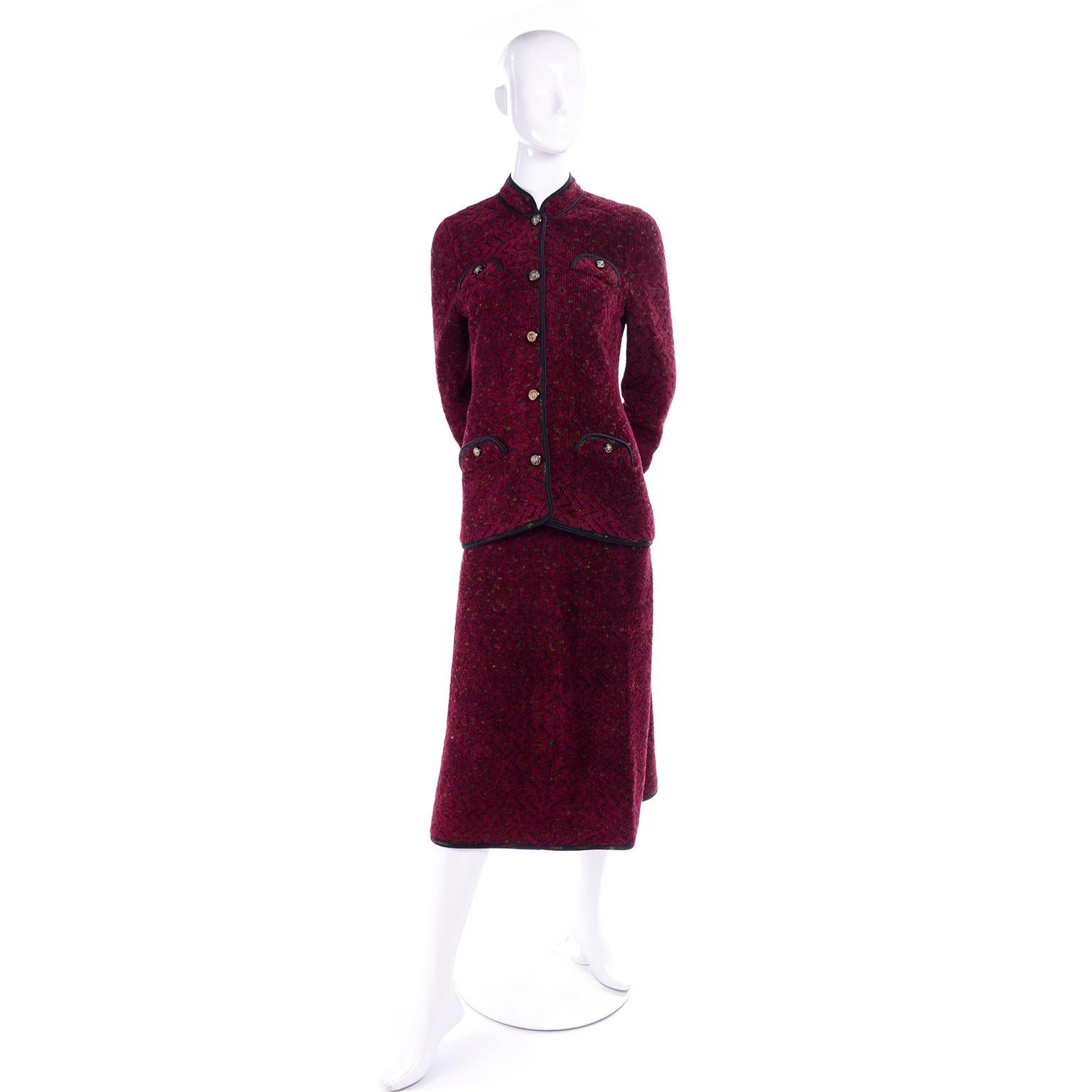 1970s Adolfo Vintage Burgundy Red Knit Skirt Suit W/ Lion Head Buttons For Sale 1