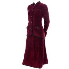 1970s Adolfo Vintage Burgundy Red Knit Skirt Suit W/ Lion Head Buttons