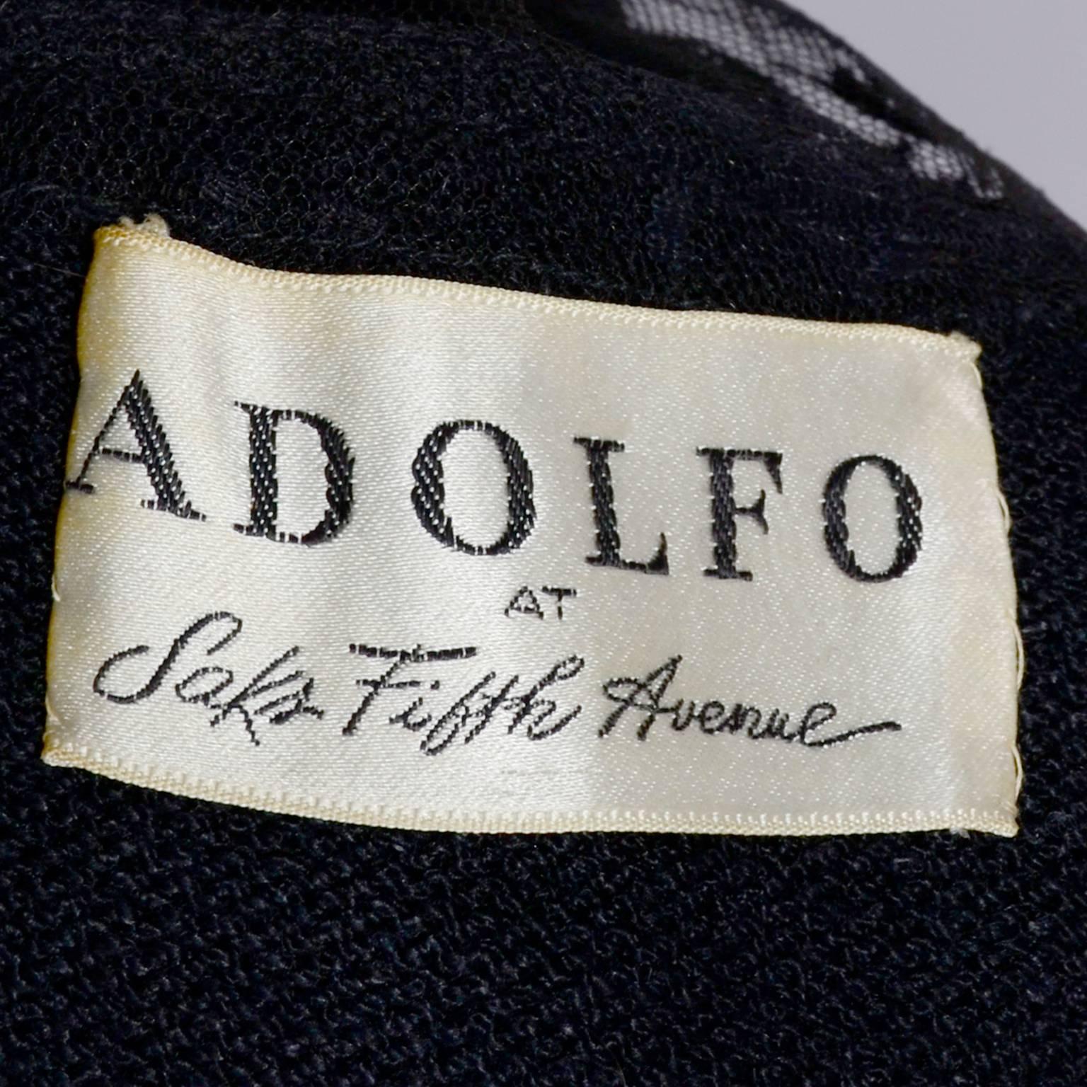 1970s Adolfo Vintage Dress in Black Knit W Victorian Style Lace High Neck Collar 5