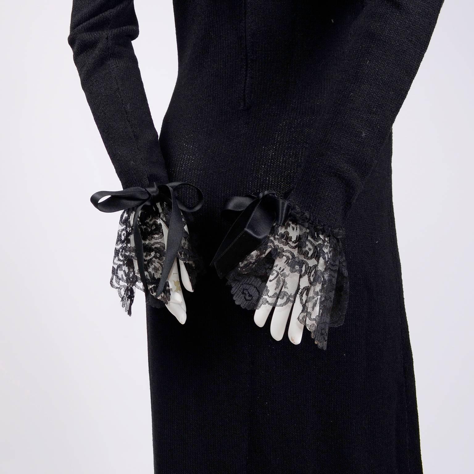 This incredible vintage black knit Adolfo dress was purchased at Saks Fifth Avenue in the 1970’s. The Victorian style dress has black sheer netting on the bodice and black lace ruffles at the collar and the cuffs. The cuffs also have pretty satin