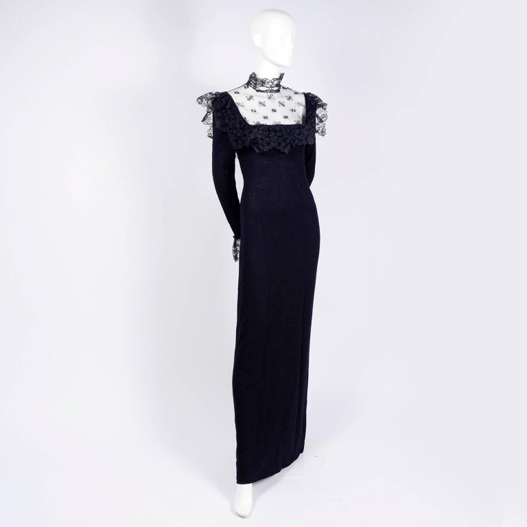 1970s Adolfo Vintage Dress In Black Knit W Victorian Style Lace High Neck Collar At 1stdibs