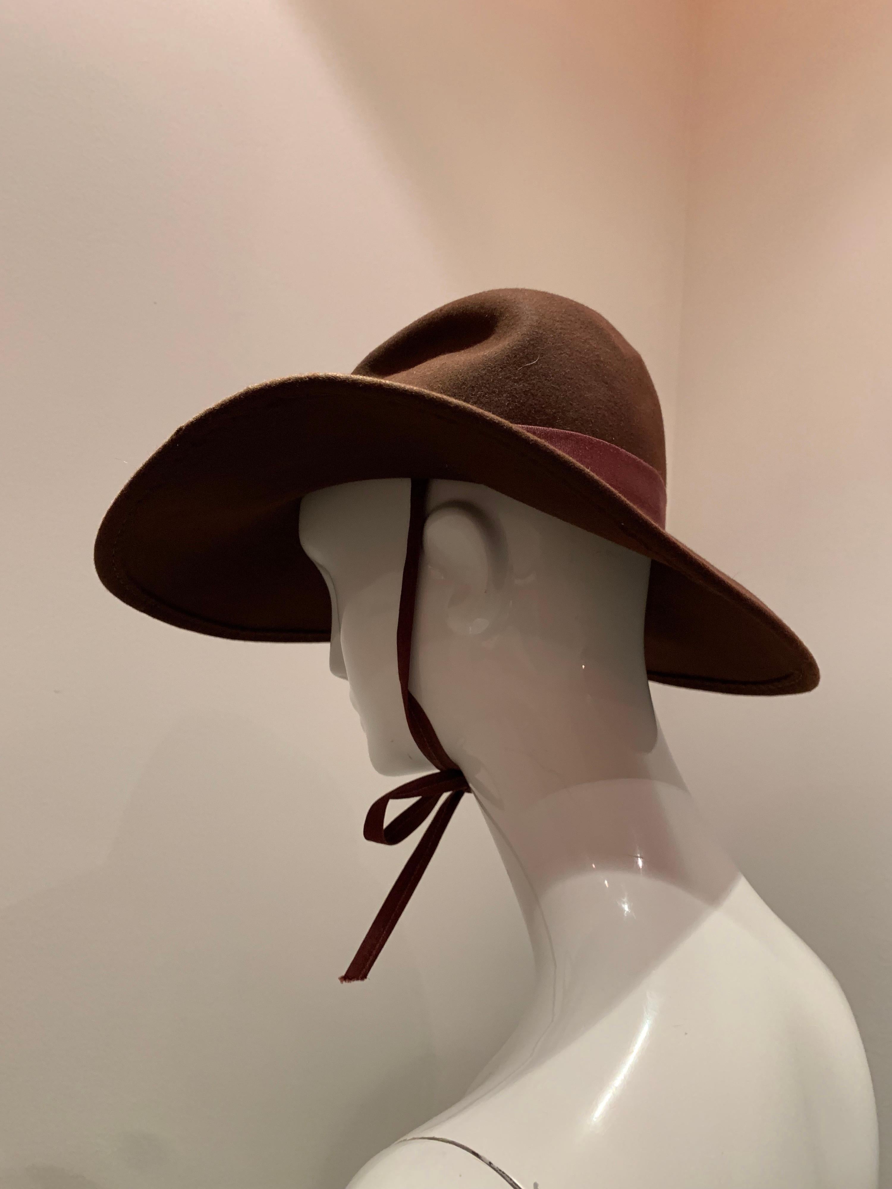 Beige 1970s Adolfo Wide Brim Menswear-Style Chocolate Brown Wool Felt Fedora W/ Strap