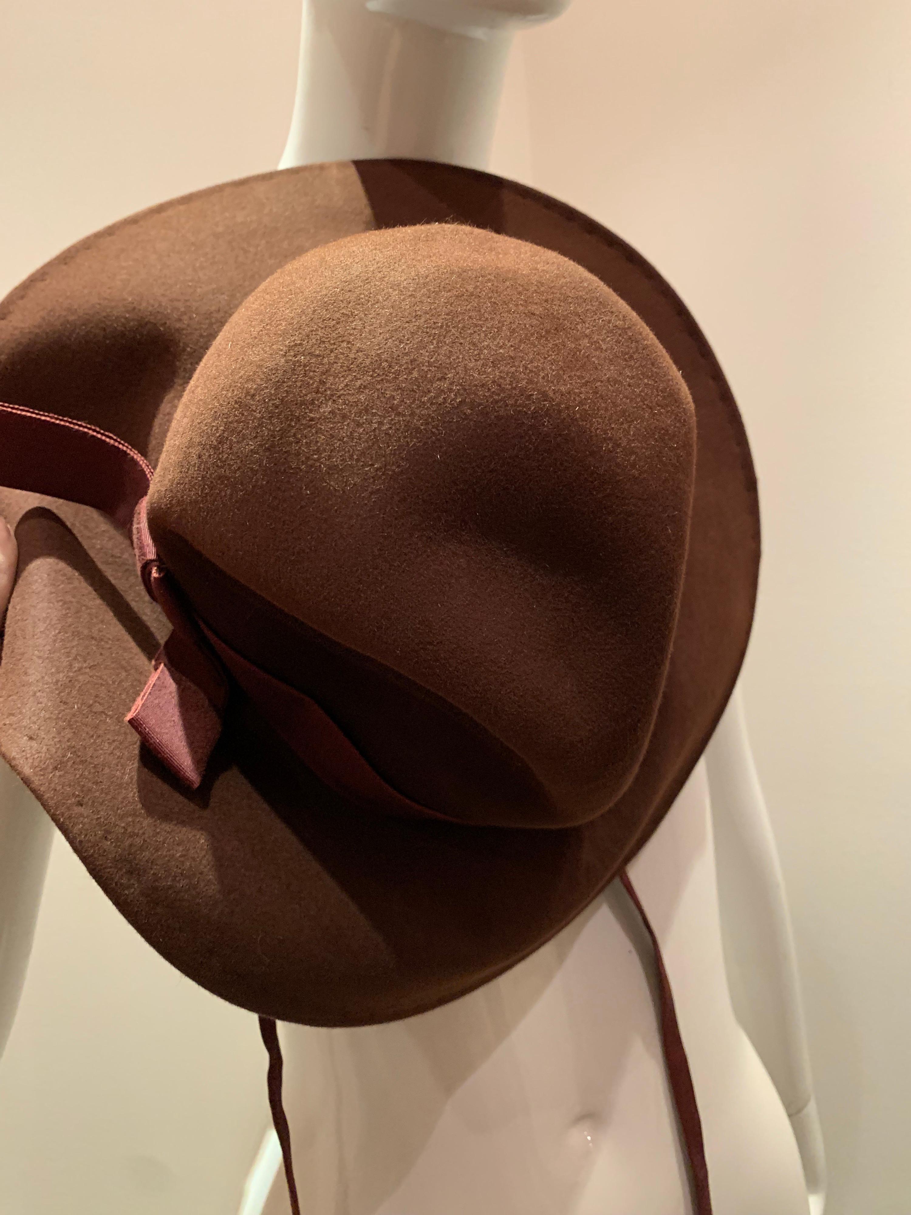 Women's or Men's 1970s Adolfo Wide Brim Menswear-Style Chocolate Brown Wool Felt Fedora W/ Strap