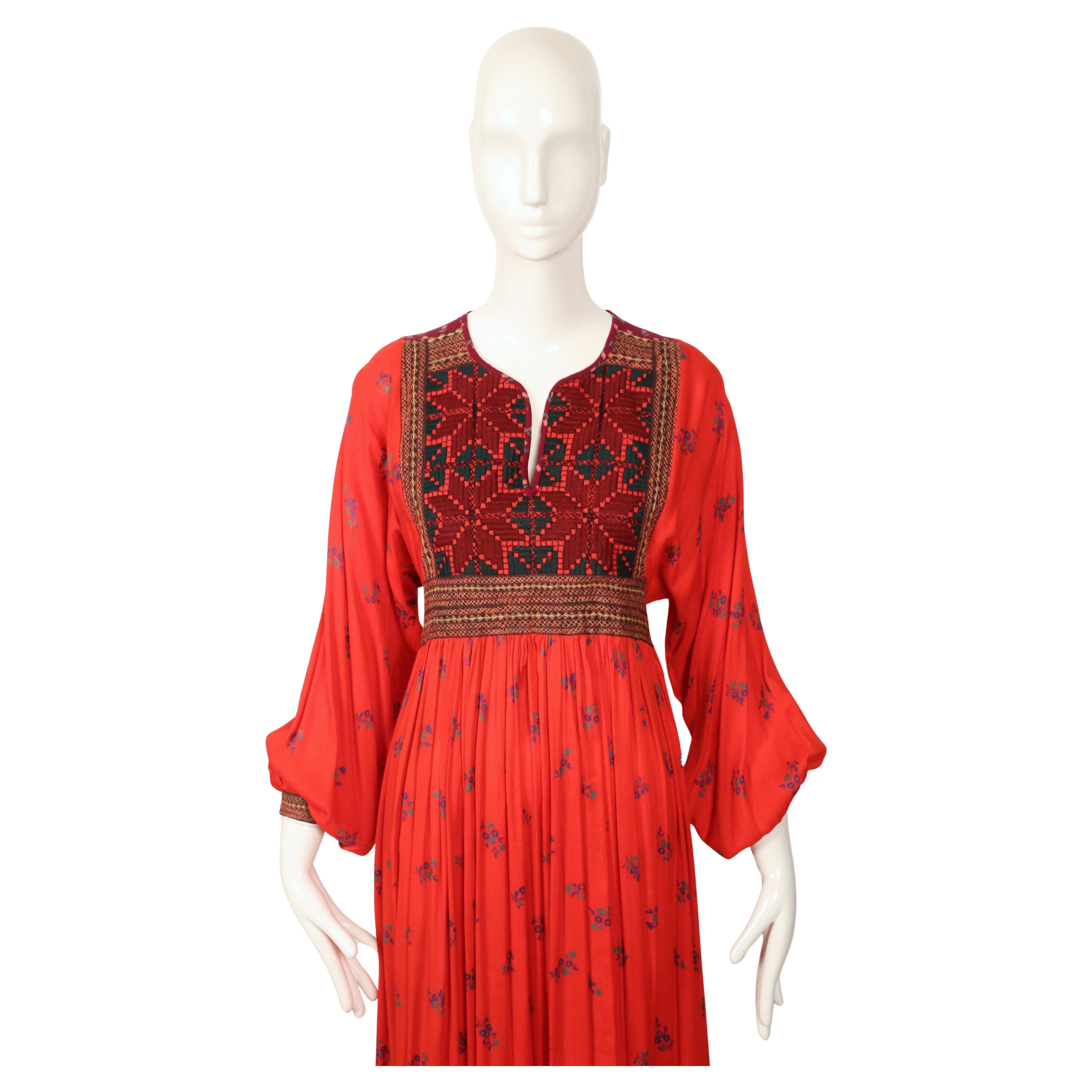 Red 1970's AFGHAN floral printed folk style dress with hand embroidery For Sale
