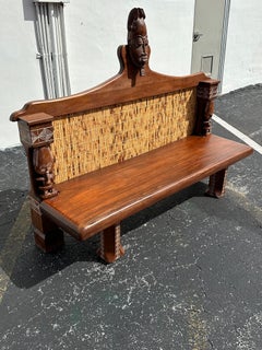 1970s African Carved Wood Masks Bamboo Large Bench Sofa
