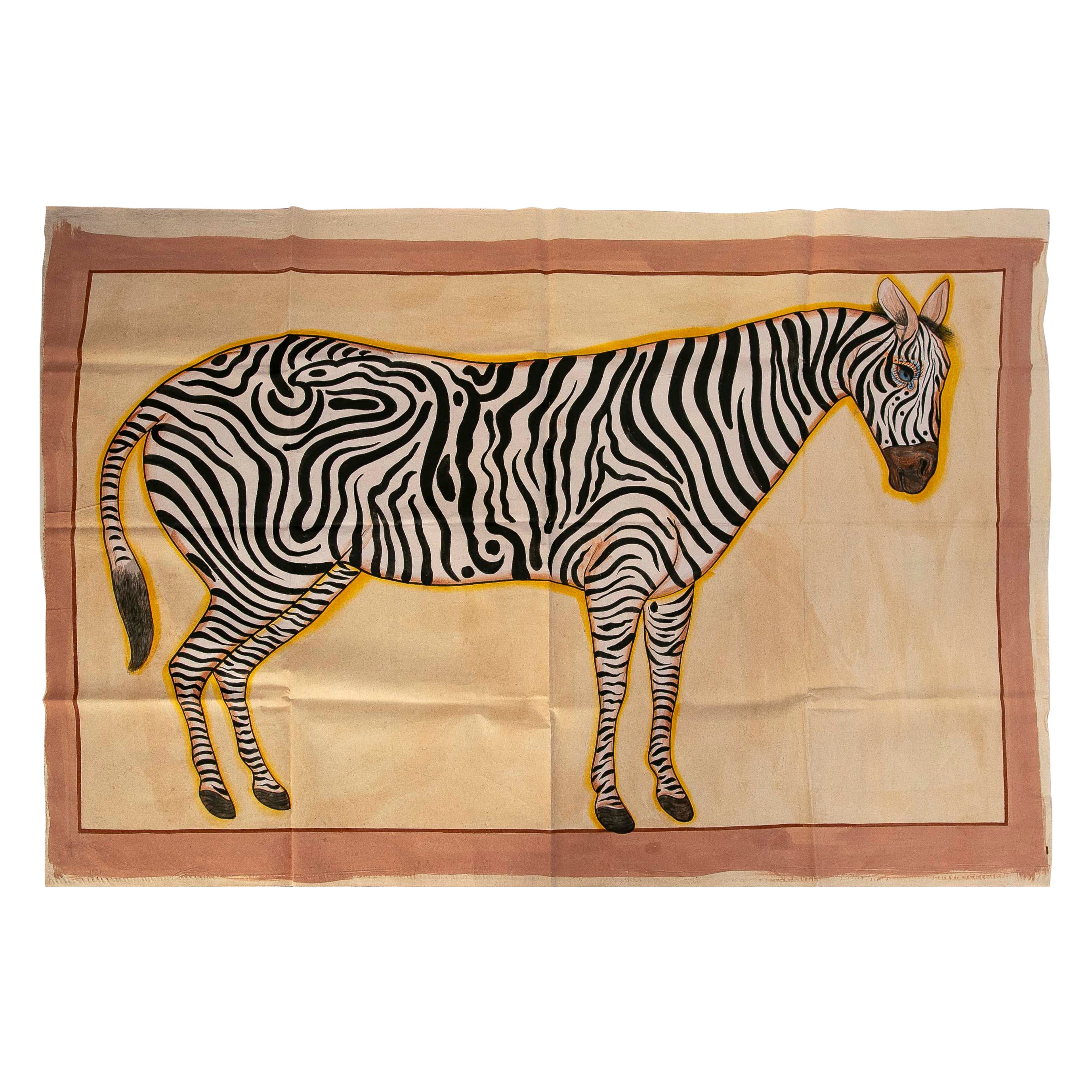1970 African Ethnic Art Tribal Zebra Painting on Fabric. en vente