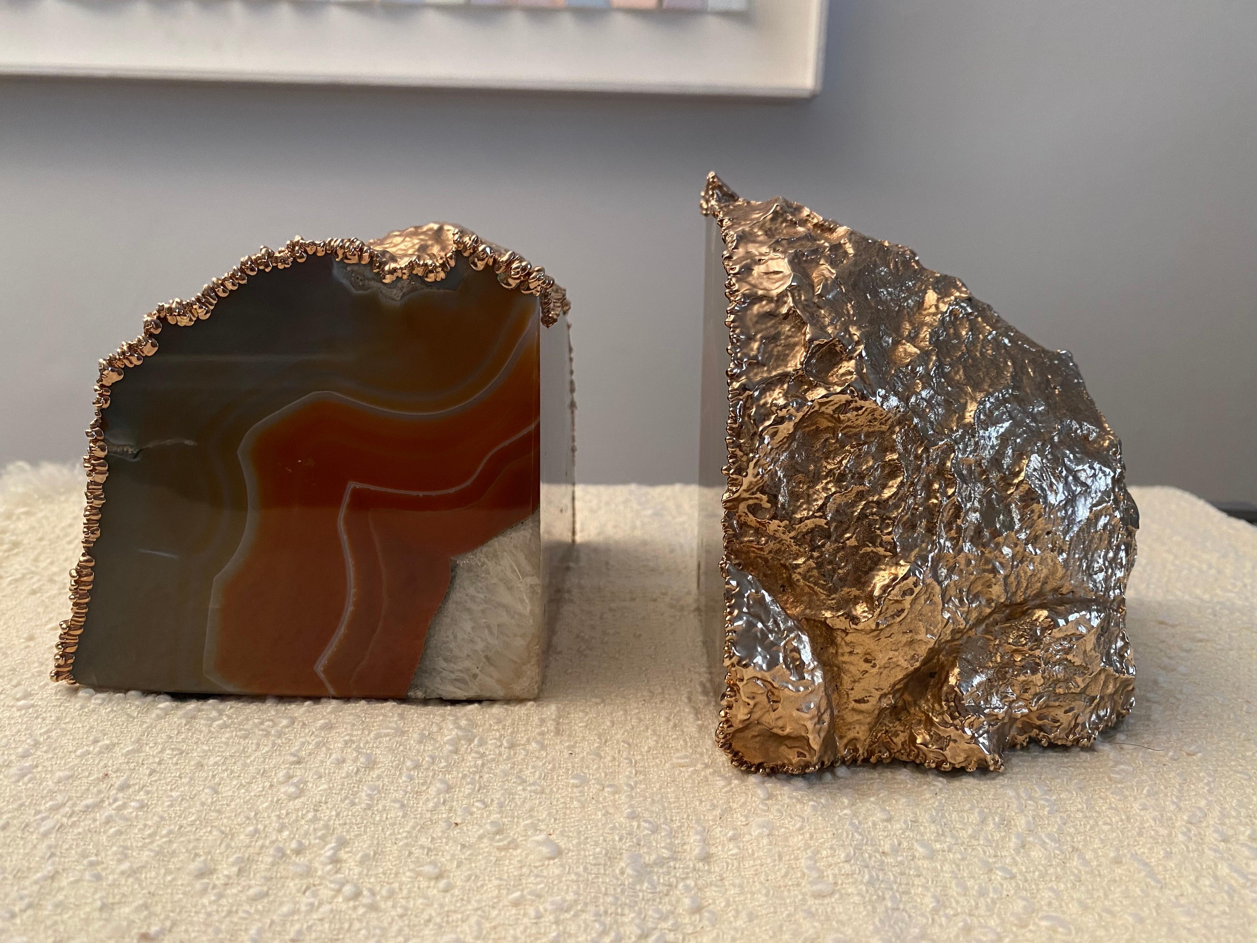 Mid-Century Modern 1970s Agate and Gold-Plated Bookends For Sale
