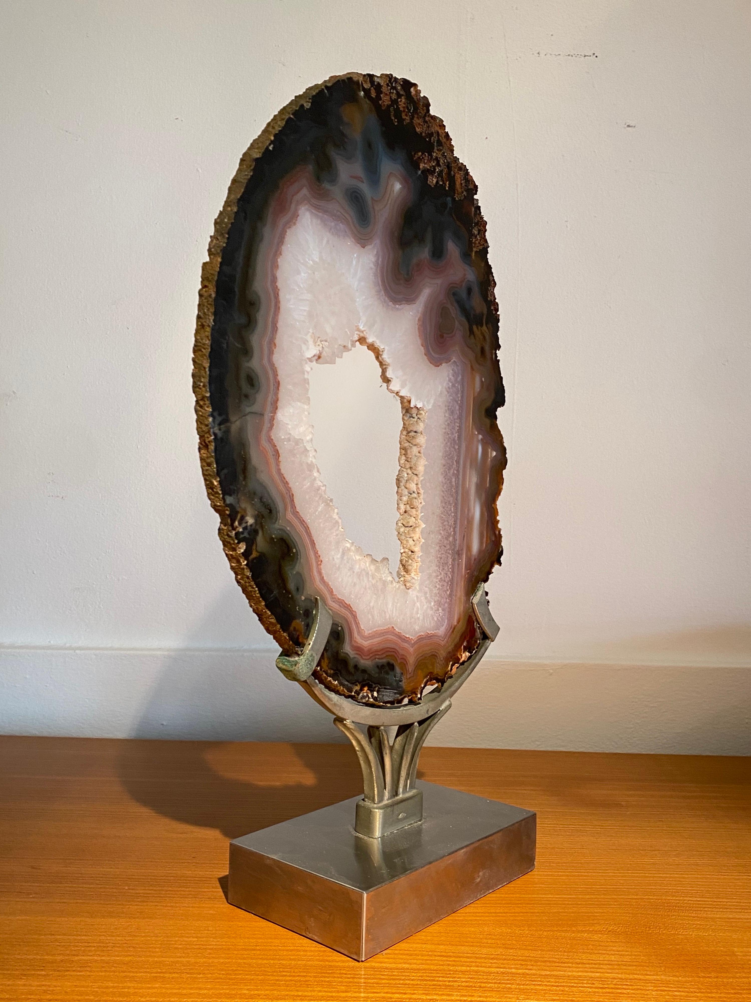Stainless Steel 1970s Agate Mounted on Steel