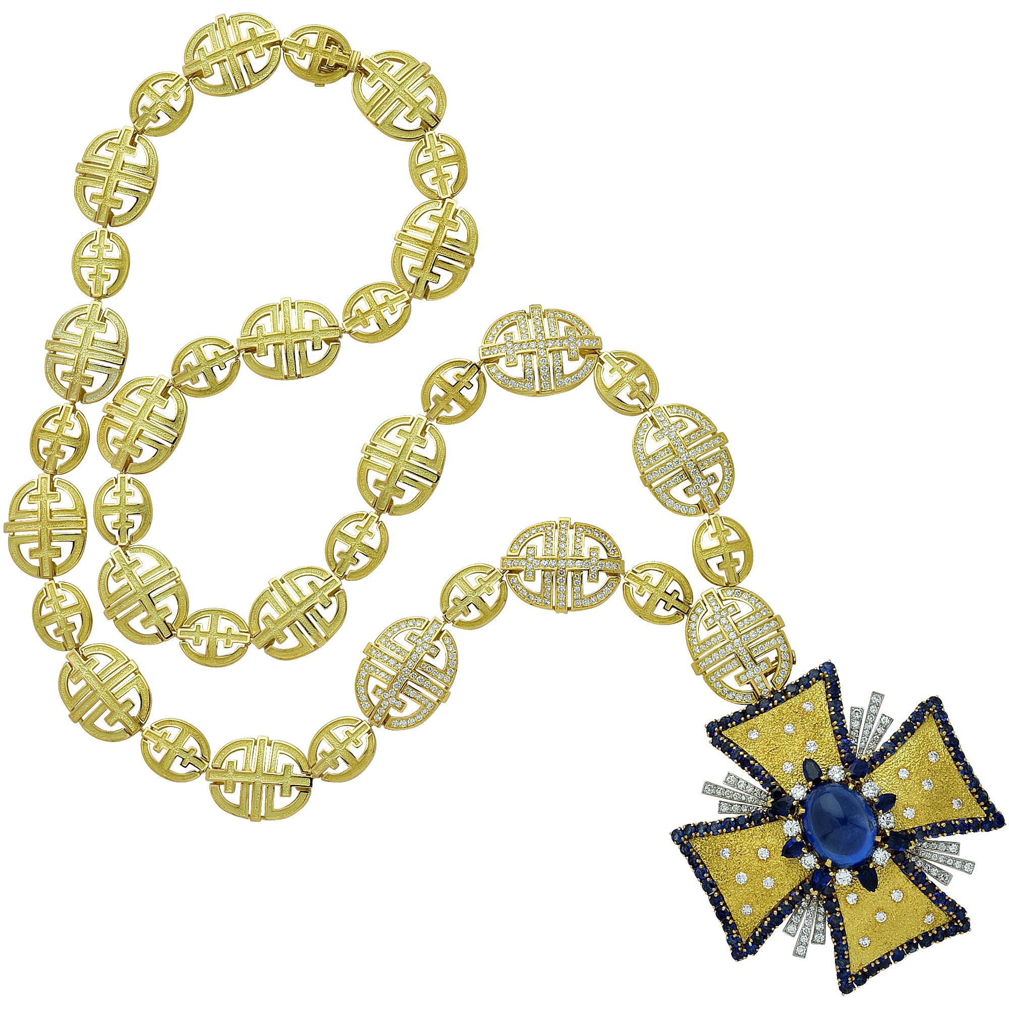 Halskette mit Malteserkreuz, AGL-zertifizierter Saphir und Diamant, 1970er Jahre (Moderne)