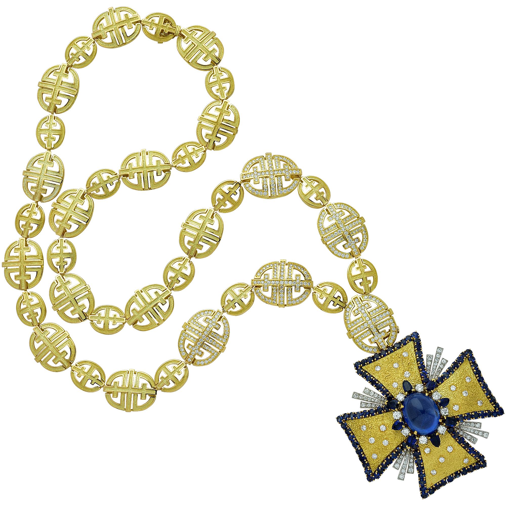 Moderno Collana con croce di Malta con diamante e zaffiro certificato AGL degli anni '70
