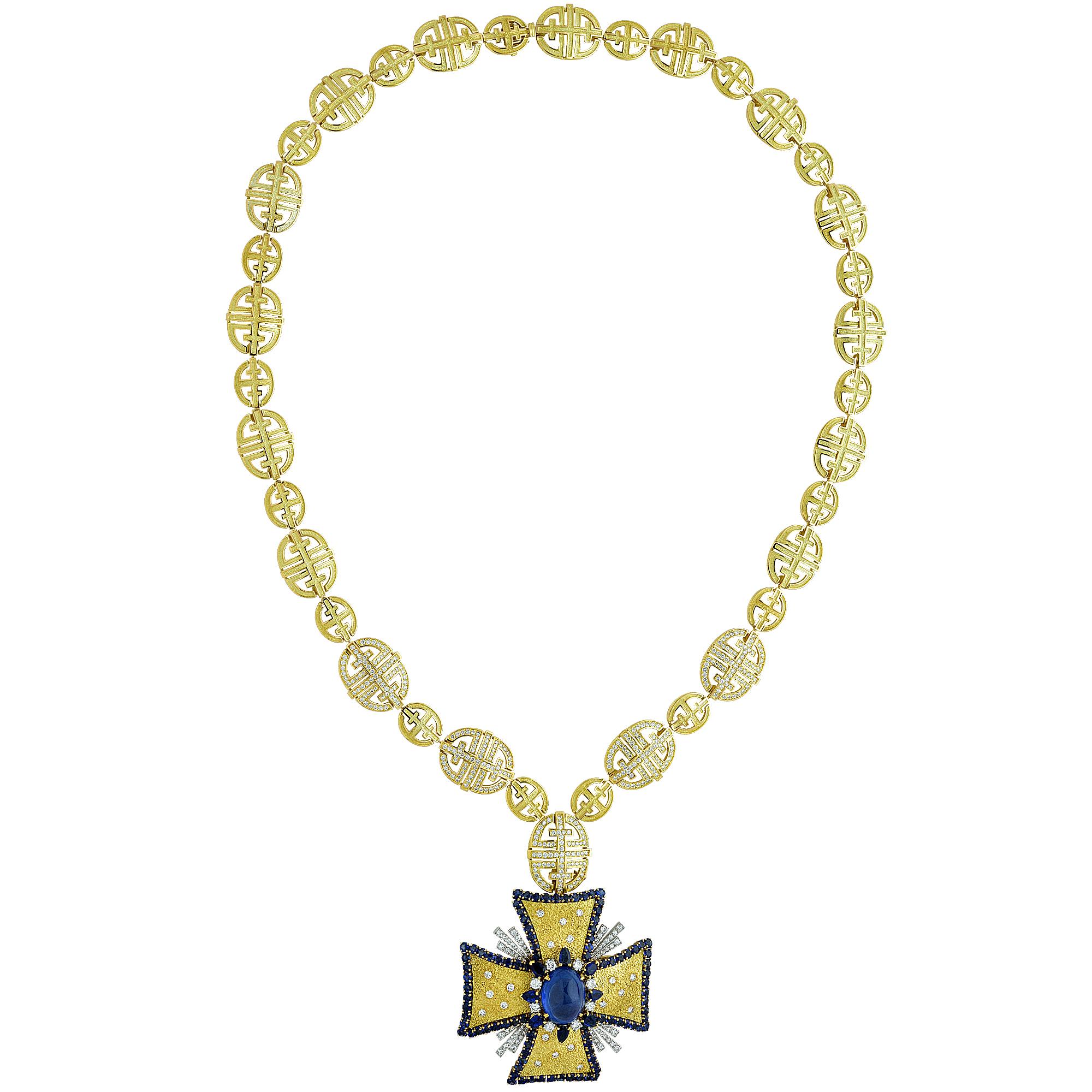 da uomo o donna Collana con croce di Malta con diamante e zaffiro certificato AGL degli anni '70