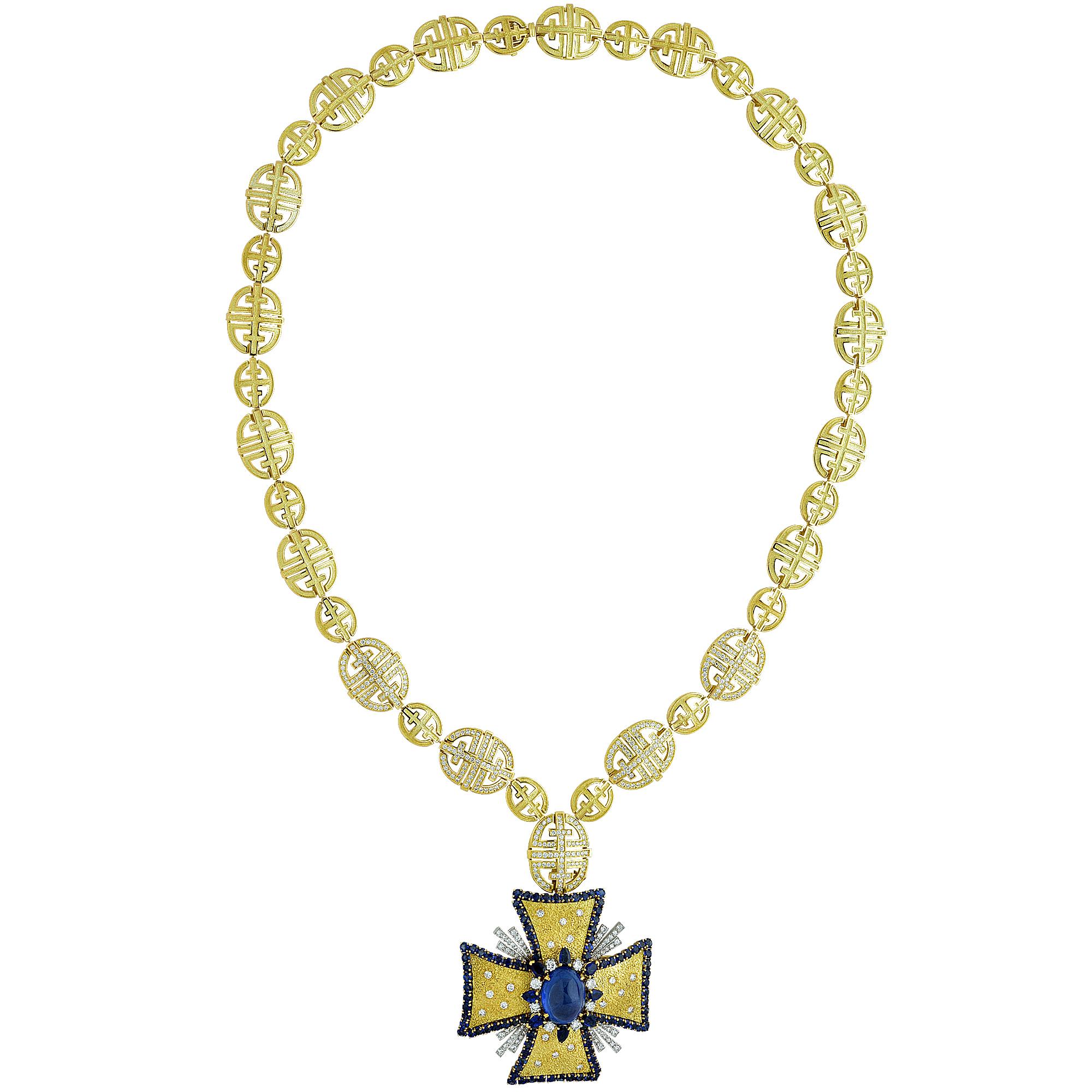 Modern 1970s AGL Certified Sapphire Diamond Maltese Cross Necklace