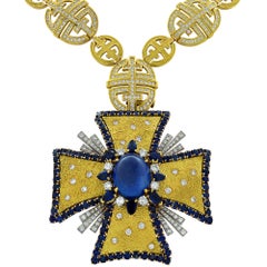 1970s AGL Certified Sapphire Diamond Maltese Cross Necklace