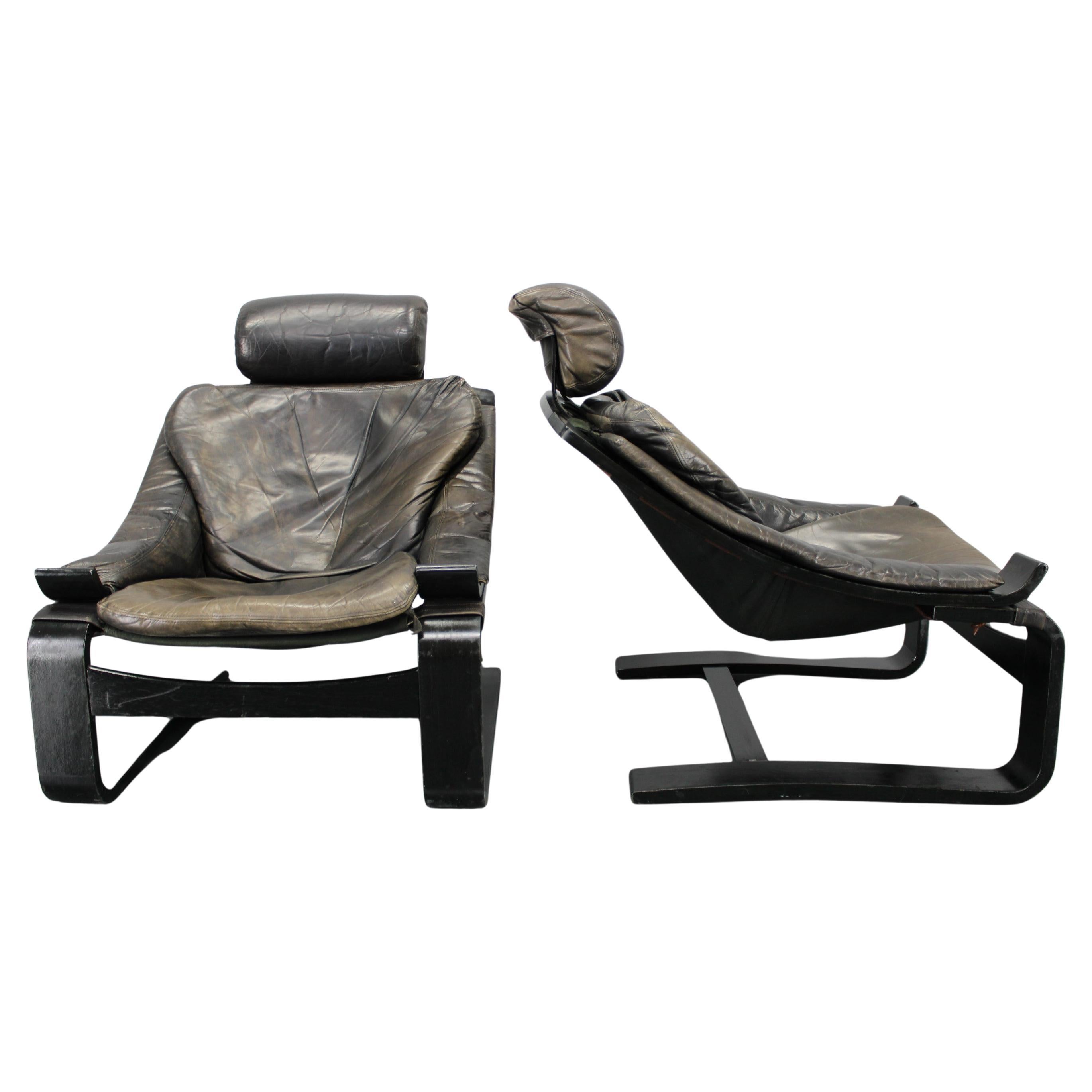 1970s Ake Fribyter Pair of "Kroken" Lounge Leather Chairs for Nelo, Sweden