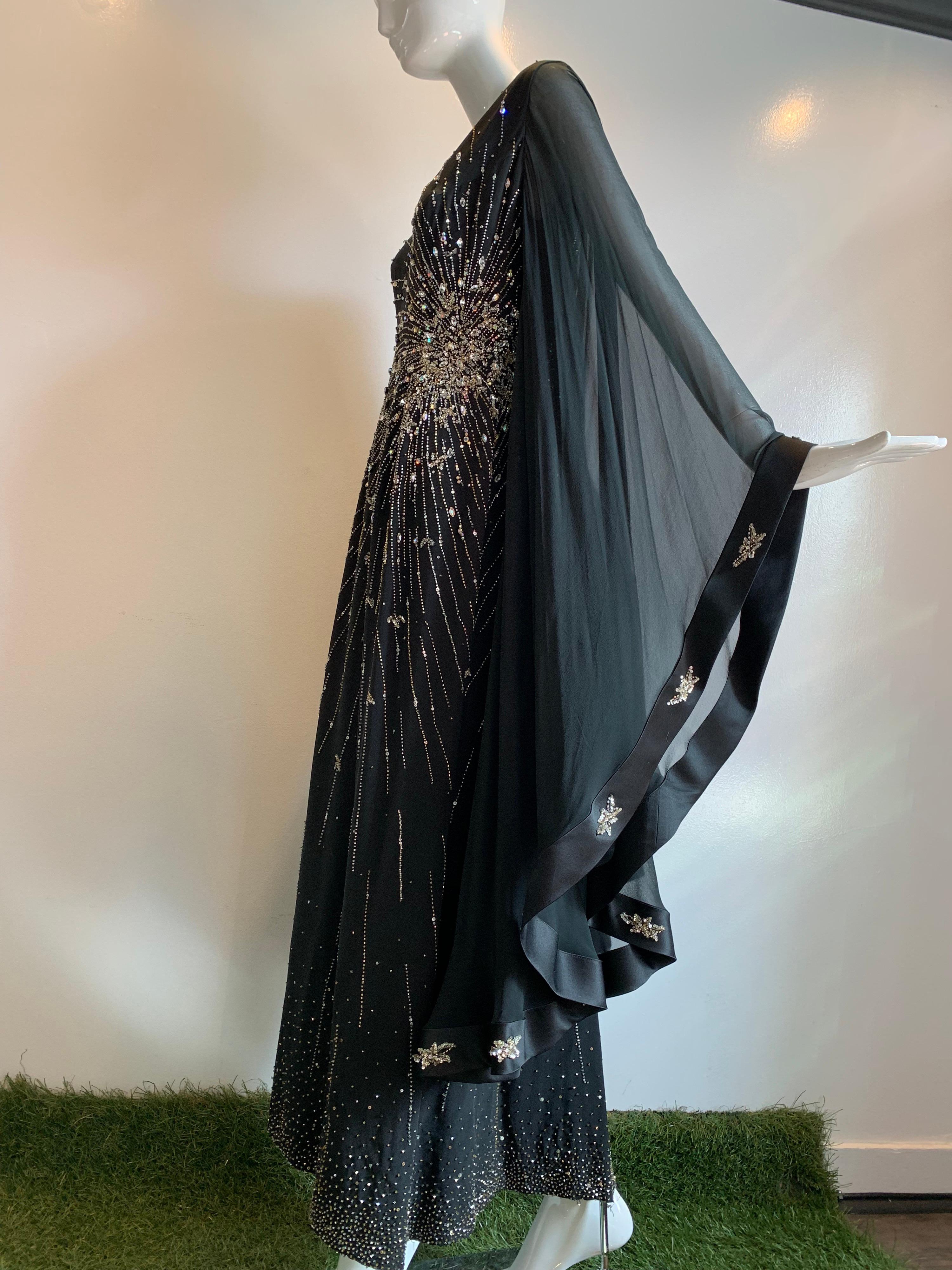 1970s Alan Cherry Black Silk Chiffon Evening Gown W/ Starburst Motif Beading 3