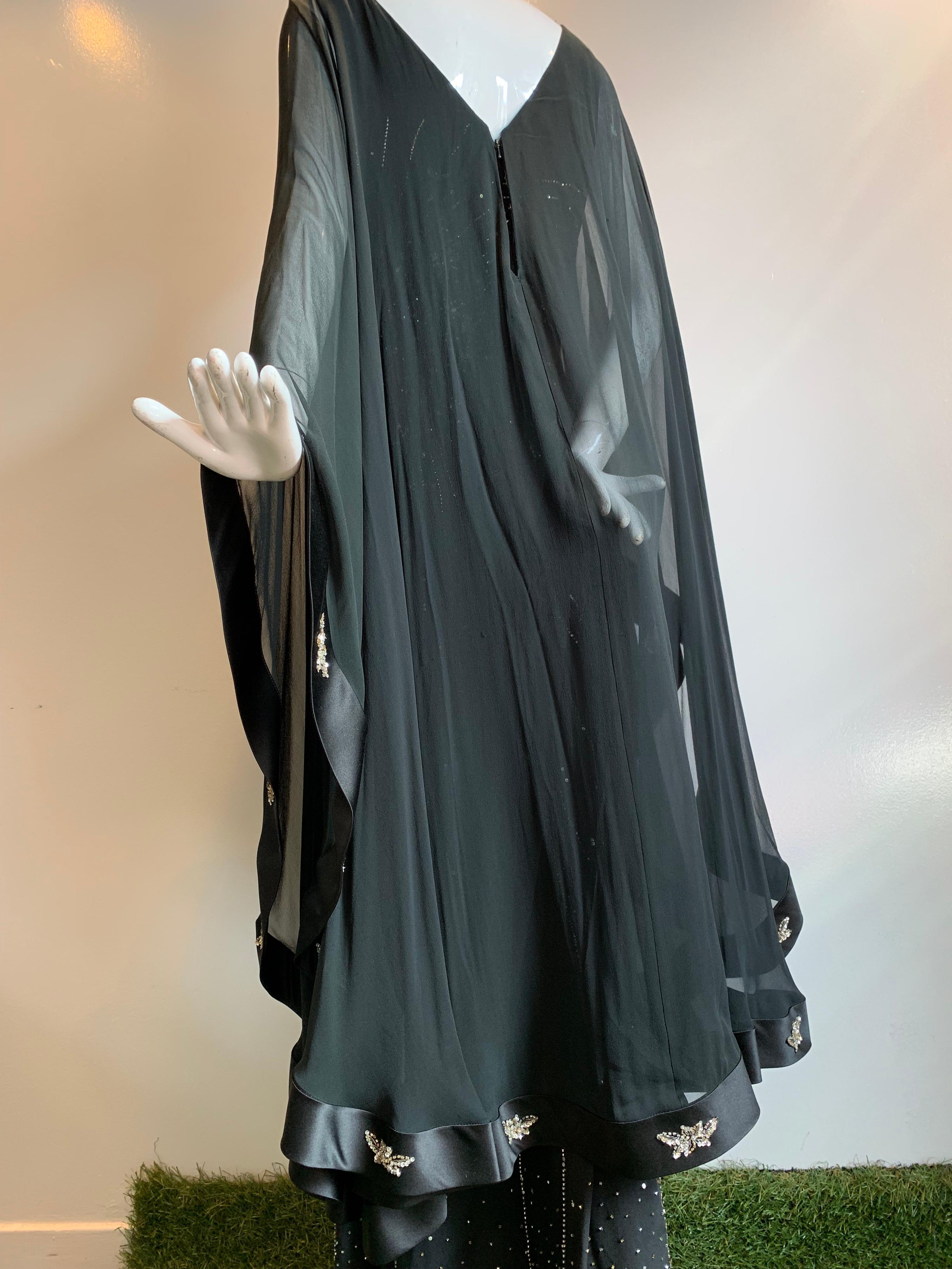 1970s Alan Cherry Black Silk Chiffon Evening Gown W/ Starburst Motif Beading 4