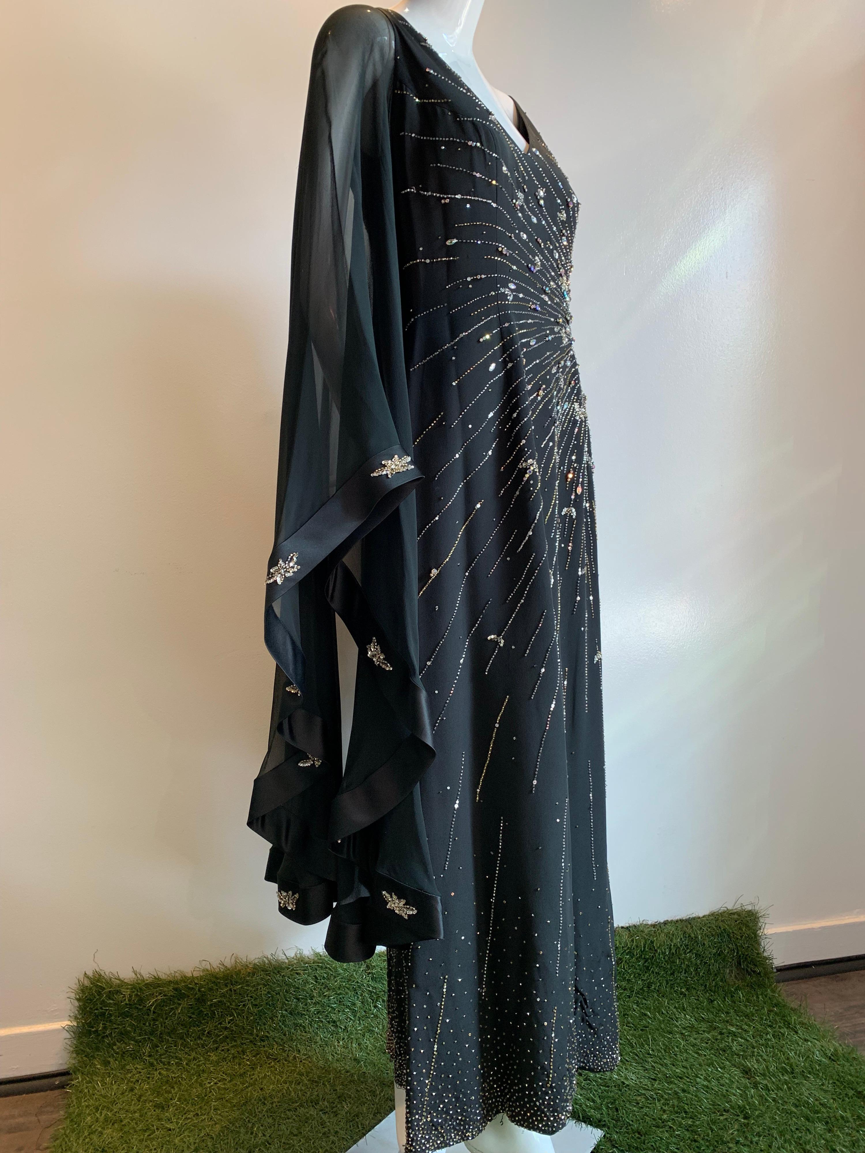 1970s Alan Cherry Black Silk Chiffon Evening Gown W/ Starburst Motif Beading 6