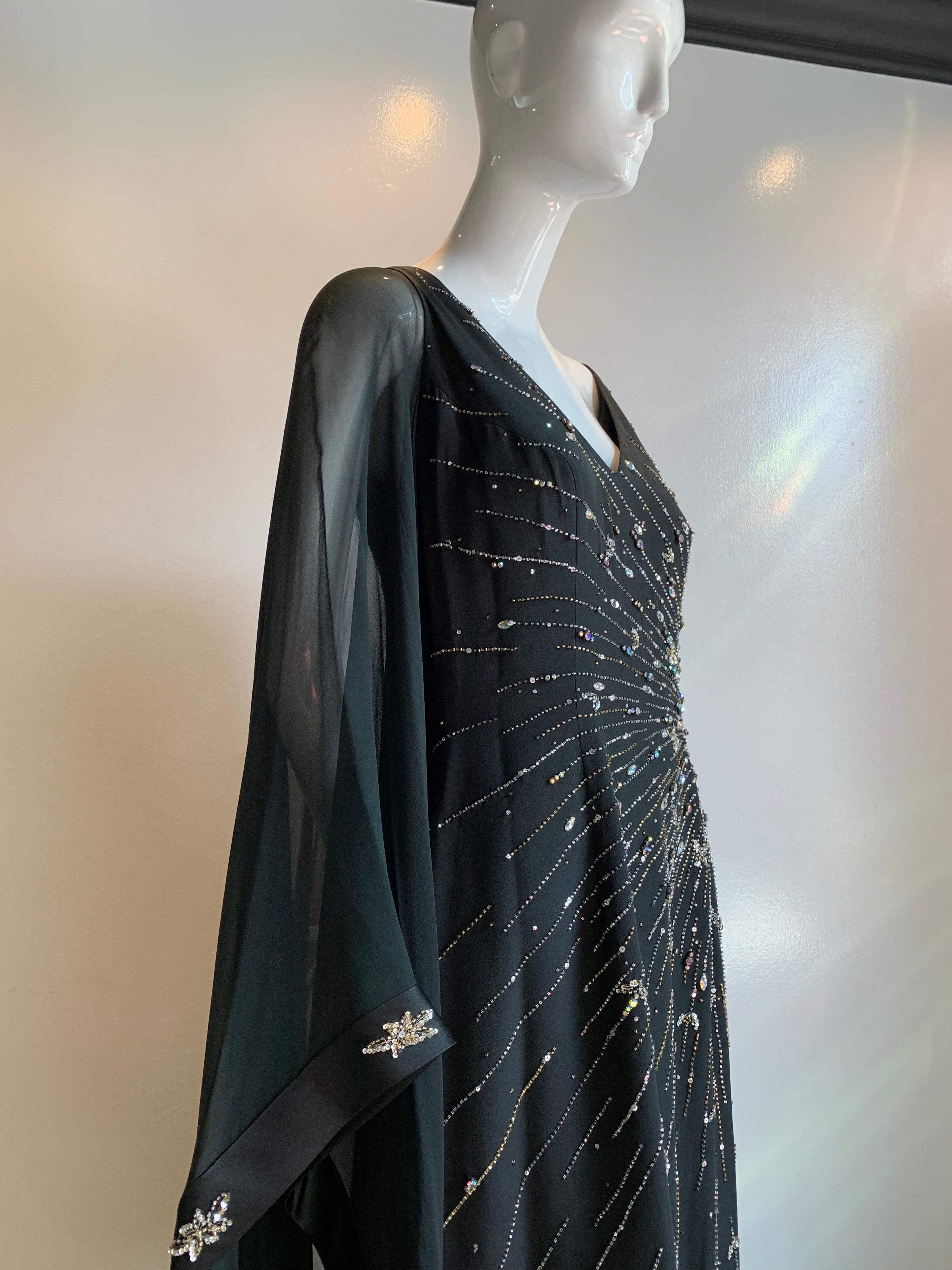 1970s Alan Cherry Black Silk Chiffon Evening Gown W/ Starburst Motif Beading 7