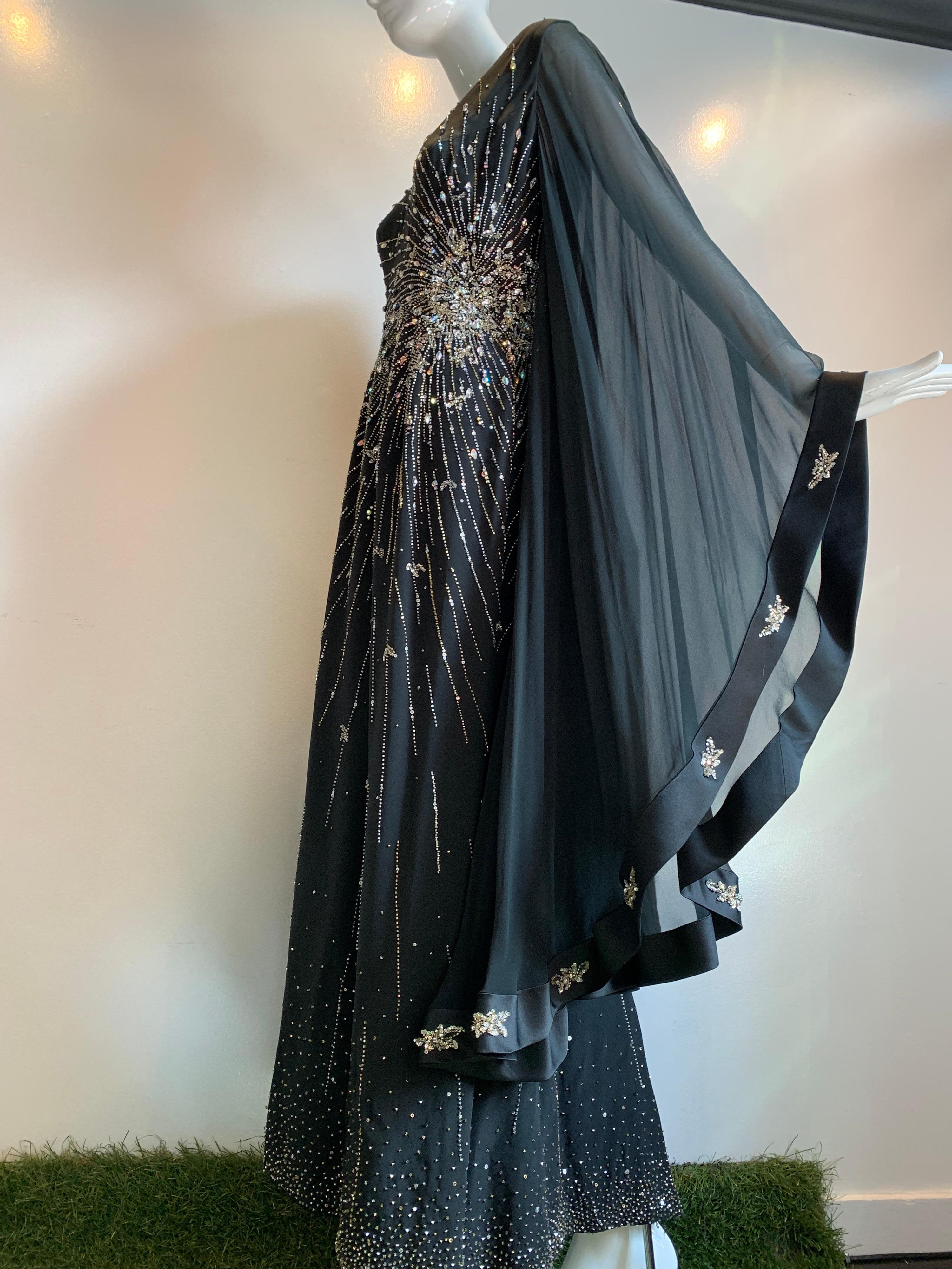 1970s Alan Cherry Black Silk Chiffon Evening Gown W/ Starburst Motif Beading 11