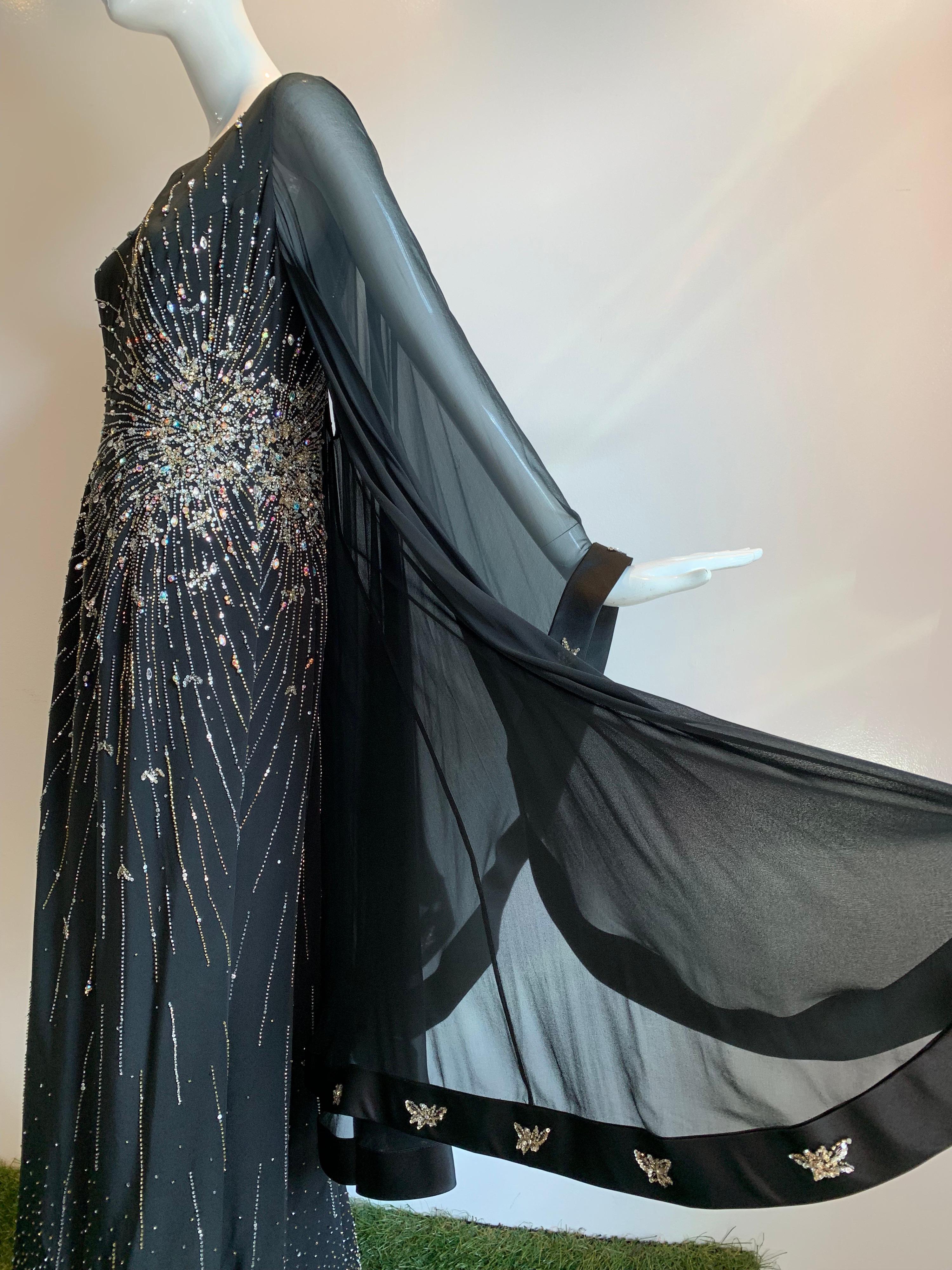 1970s Alan Cherry Black Silk Chiffon Evening Gown W/ Starburst Motif Beading In Excellent Condition In Gresham, OR