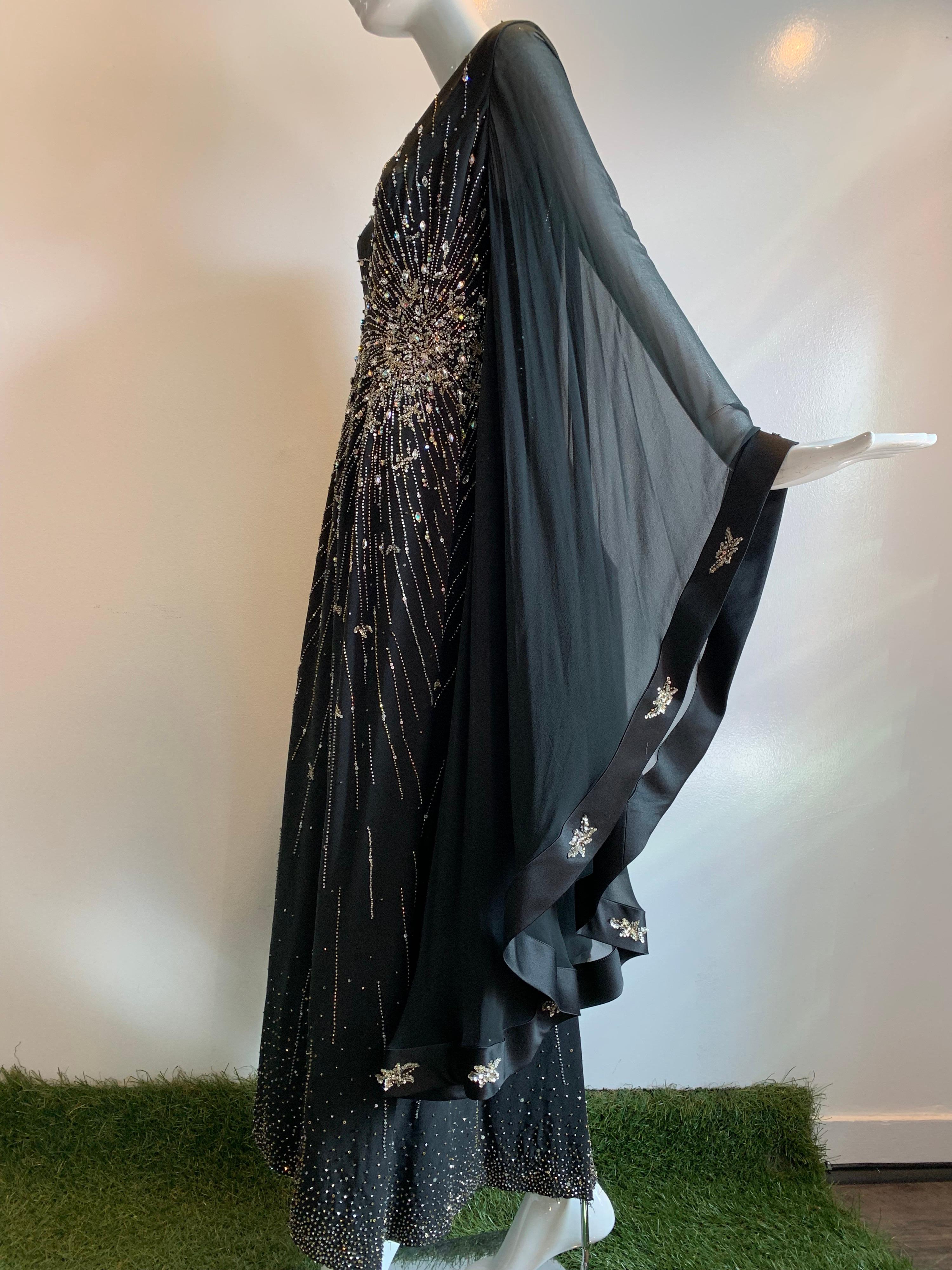1970s Alan Cherry Black Silk Chiffon Evening Gown W/ Starburst Motif Beading 1