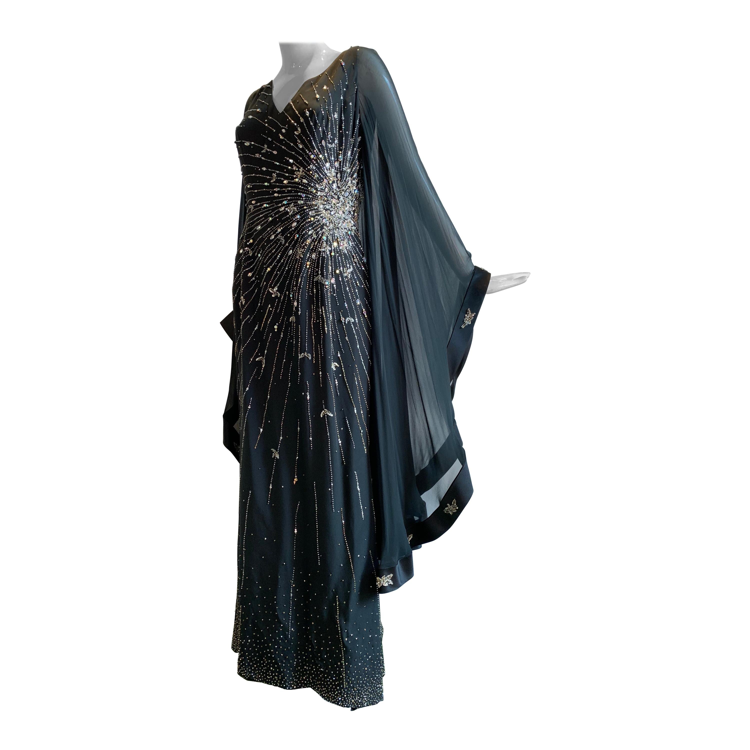 1970s Alan Cherry Black Silk Chiffon Evening Gown W/ Starburst Motif Beading