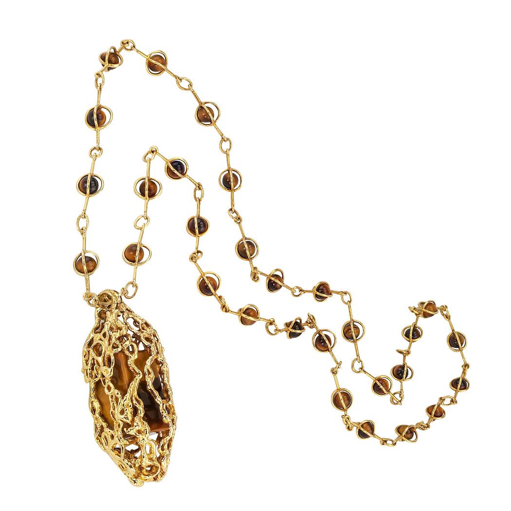 1970s Alan Gard Tiger Eye Yellow Gold Pendant Necklace In Good Condition In Los Angeles, CA
