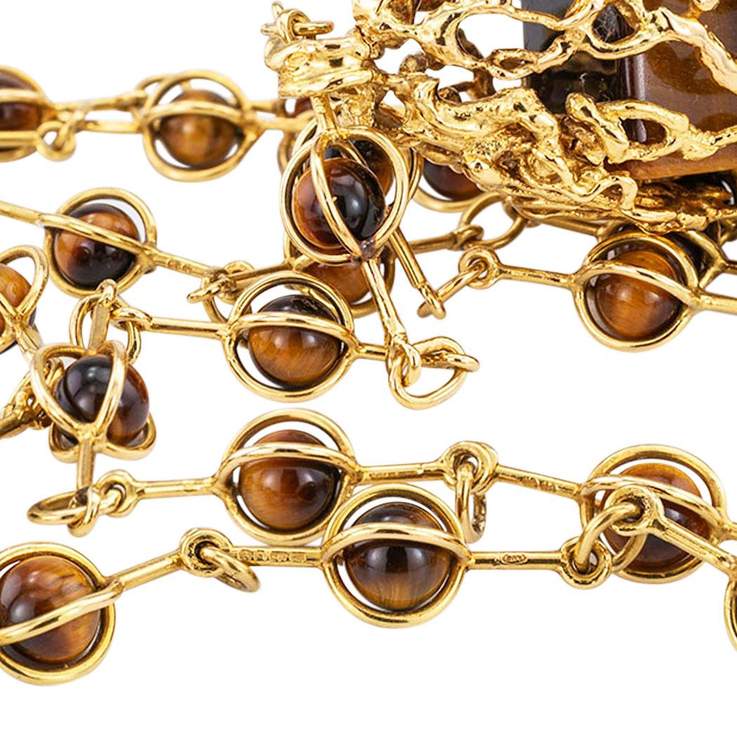 1970s Alan Gard Tiger Eye Yellow Gold Pendant Necklace 1
