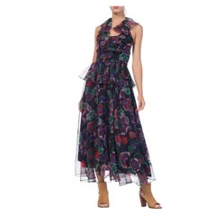 1970S ALBERT CAPRARO Conjunto de falda y top de gasa floral de poliéster