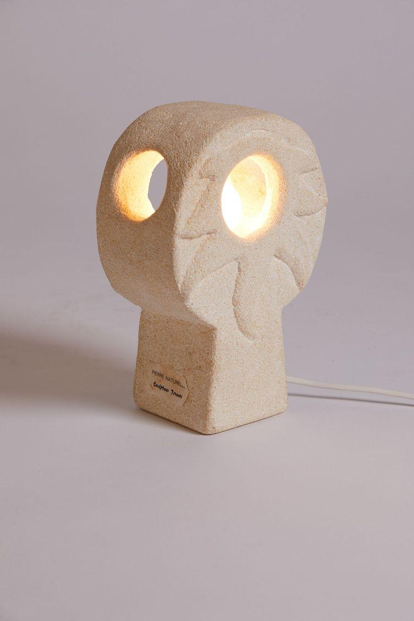 Hand-Carved 1970s Albert Tormos French Hand Carved Limestone Sculptural Lamp