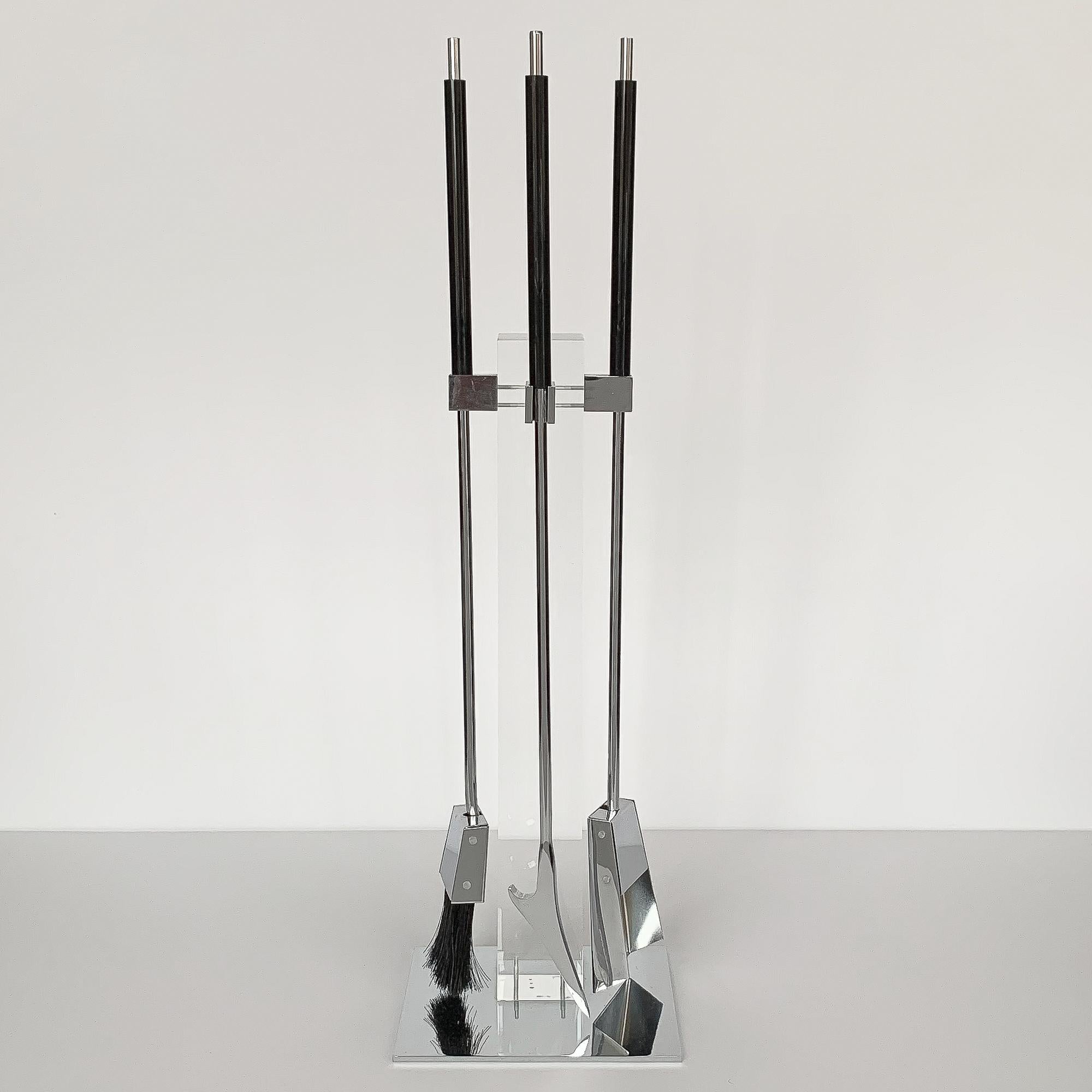 1970s Modernist Lucite and polished chrome fireplace tool set by Alessandro Albrizzi. Solid 3.25