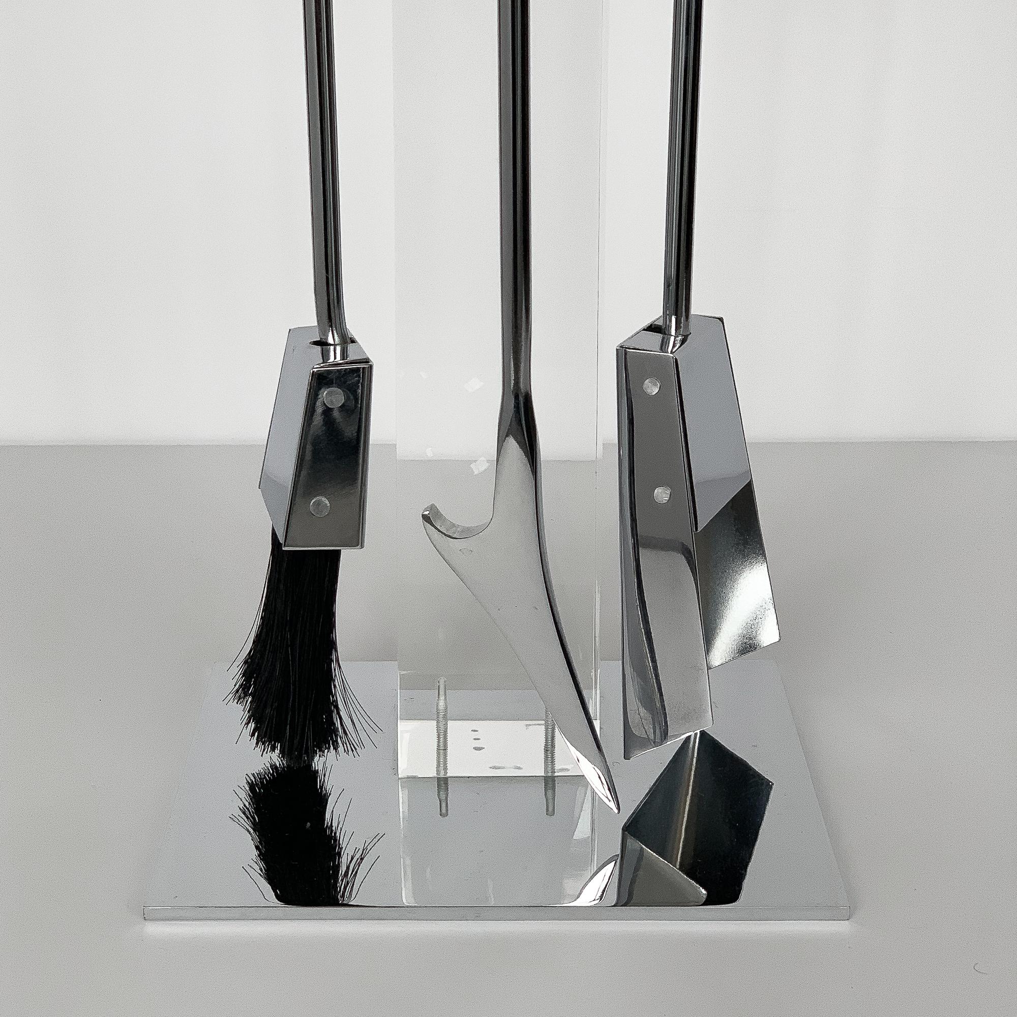Mid-Century Modern 1970s Albrizzi Lucite and Chrome Fireplace Tools