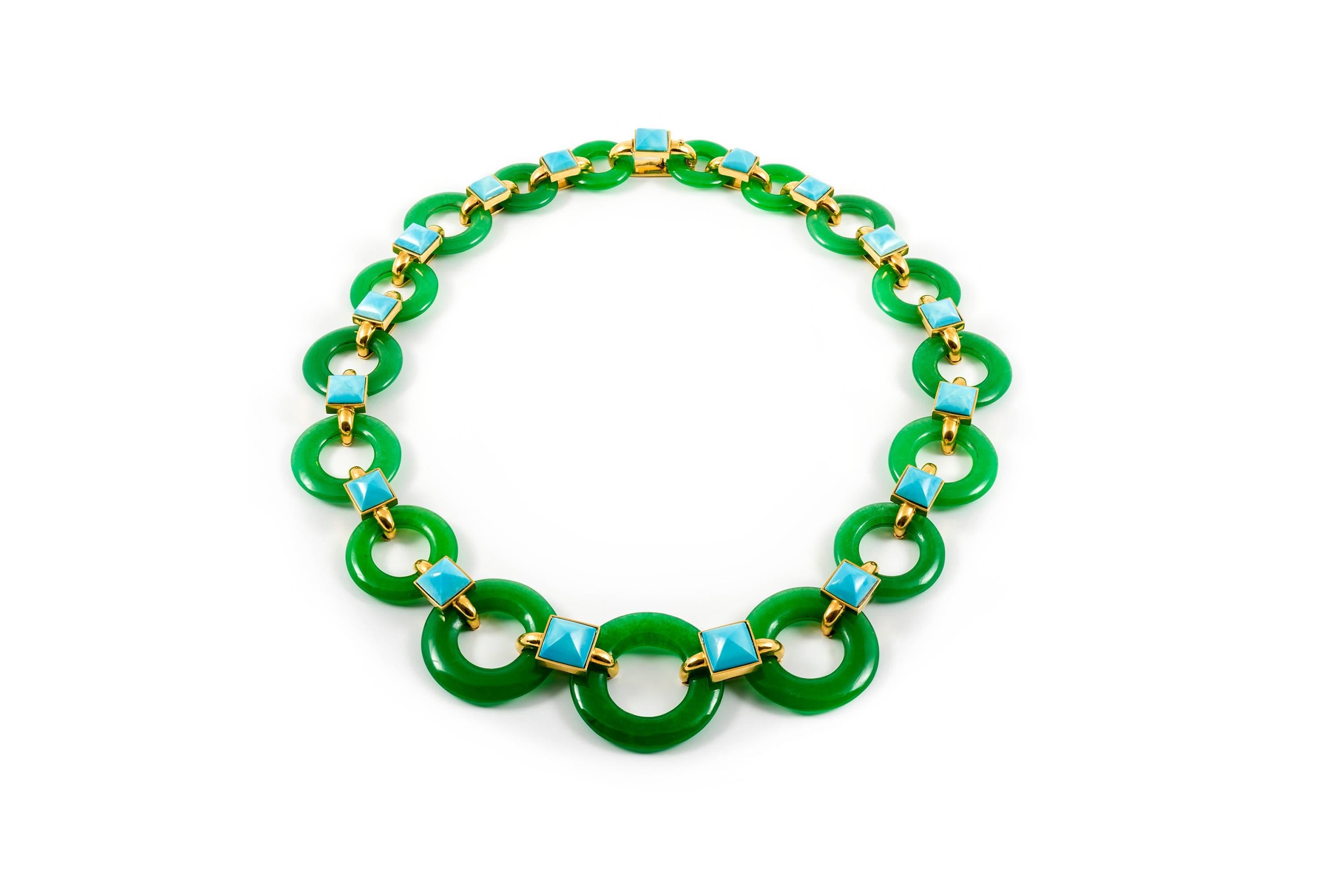 A green chalcedony and turquoise necklace designed by Aldo Cipullo in 1970 and offered by Eric Originals and Antiques Ltd.