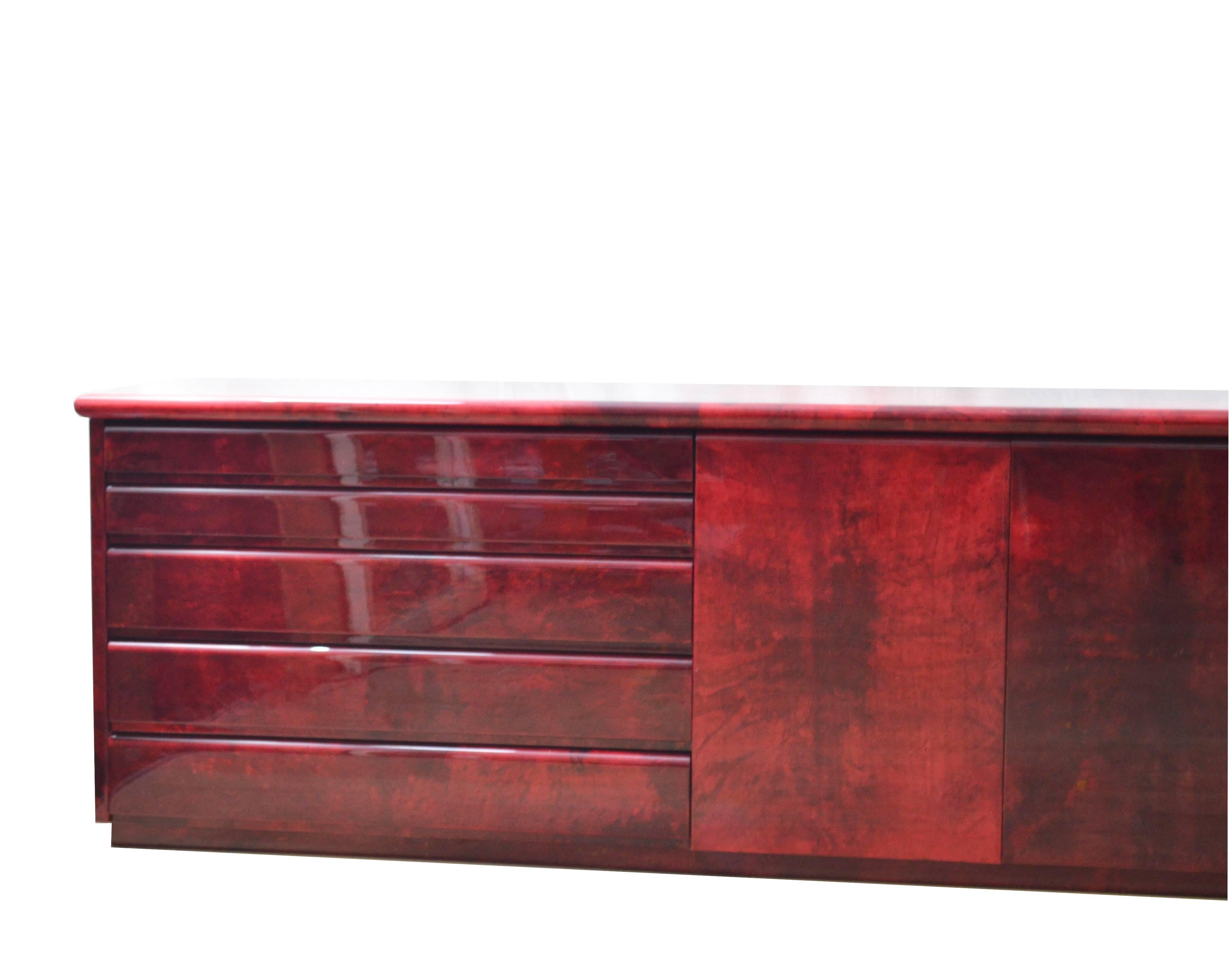 Italian Aldo Tura  Red Lacquered Goatskin Sideboard, 1970s