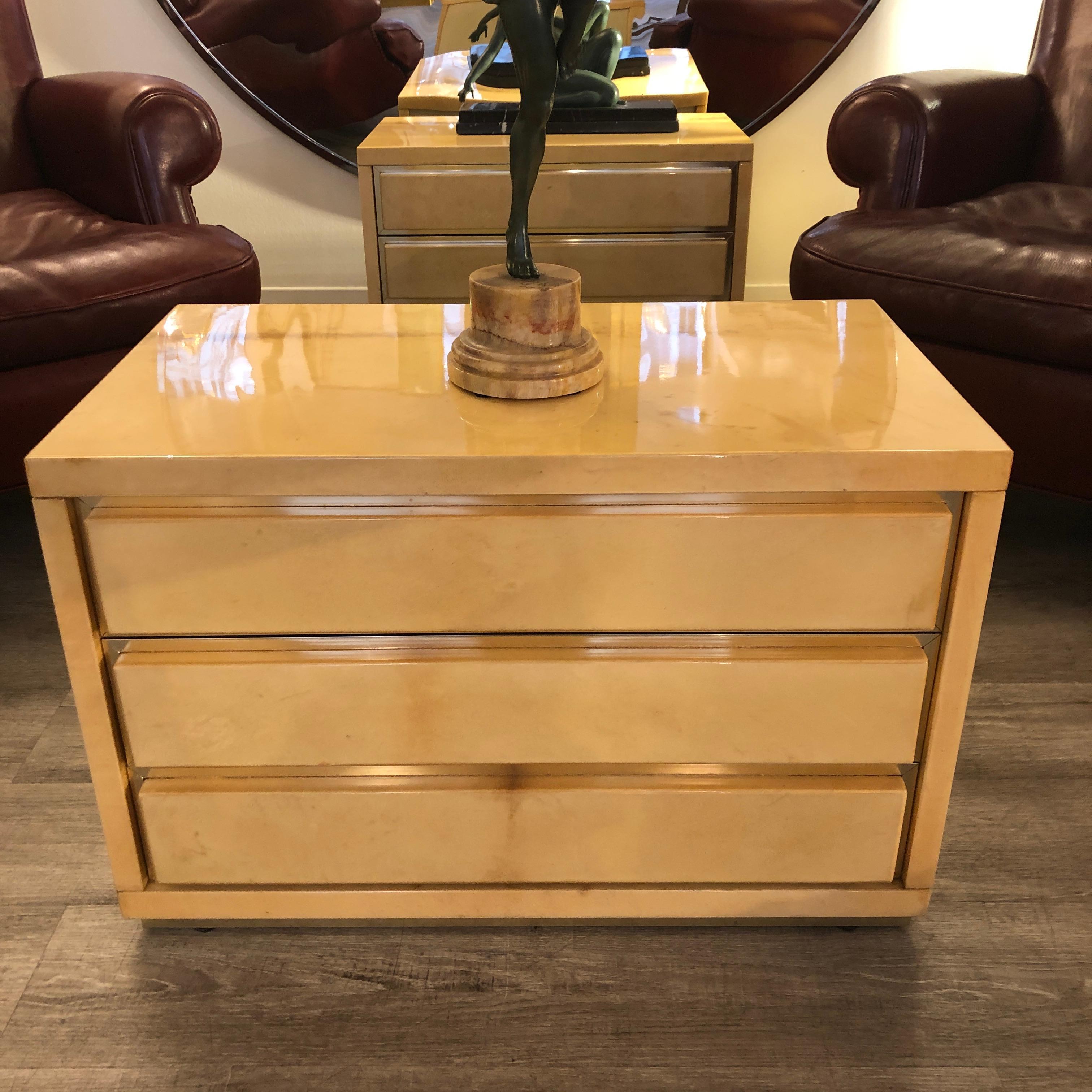 Modern 1970s Aldo Tura Parchment and Brass Night Stands Tables