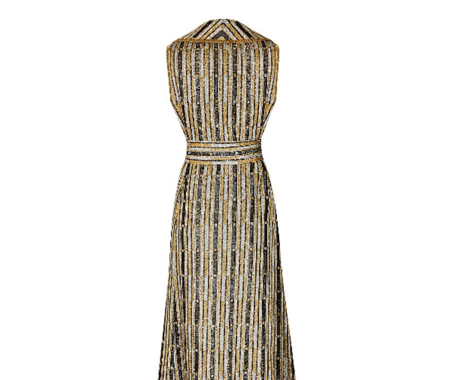Women's 1970s Aled Couture Gold Black and Silver Lame Dress with Oversized Belt
