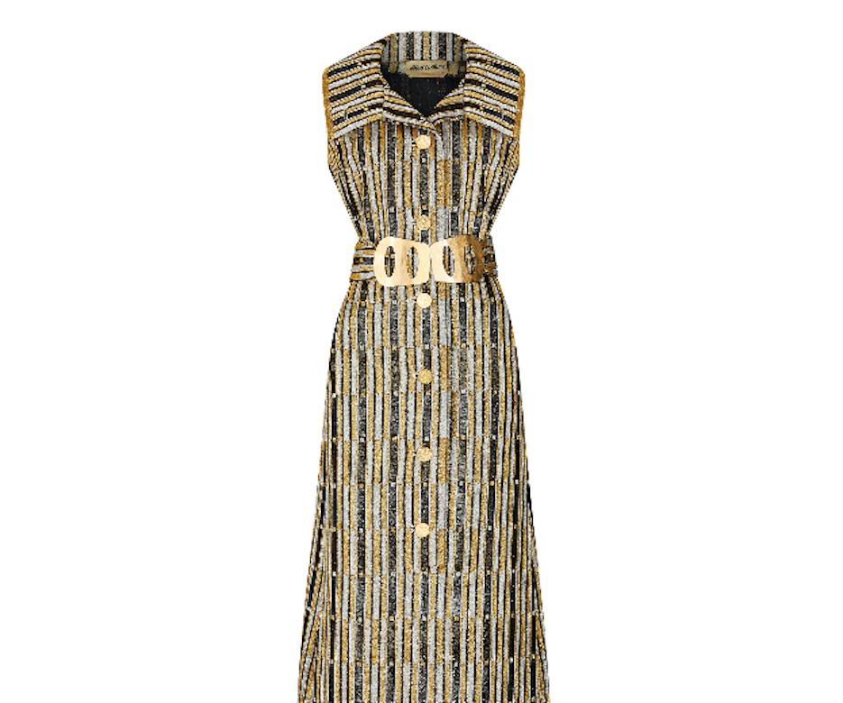 1970s Aled Couture Gold Black and Silver Lame Dress with Oversized Belt 1
