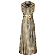 1970er Aled Couture Gold Schwarz und Silber Langes Kleid mit übergroßem Gürtel
